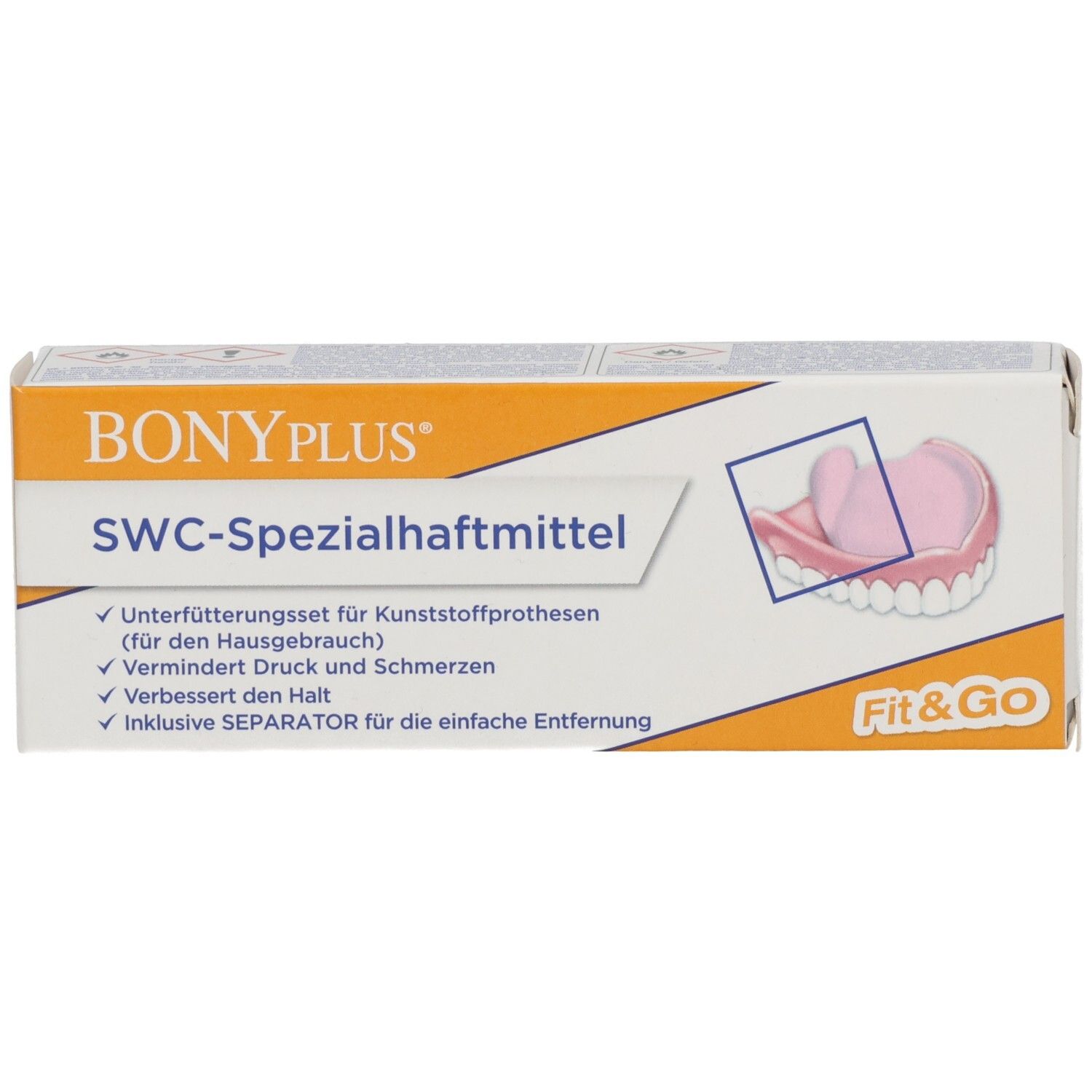 BONYPLUS SWC-Spezialhaftmittel-Verpackung. Enthält Unterfütterungsset für Kunststoffprothesen. Mit Fit&Go-Logo und Abbildung einer Prothese.
