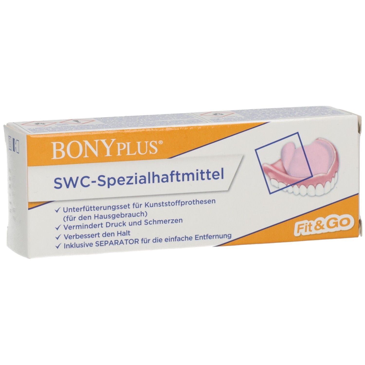 BONYPLUS SWC-Spezialhaftmittel-Verpackung. Enthält Unterfütterungsset für Kunststoffprothesen. Mit Fit&Go-Logo und Abbildung einer Prothese.