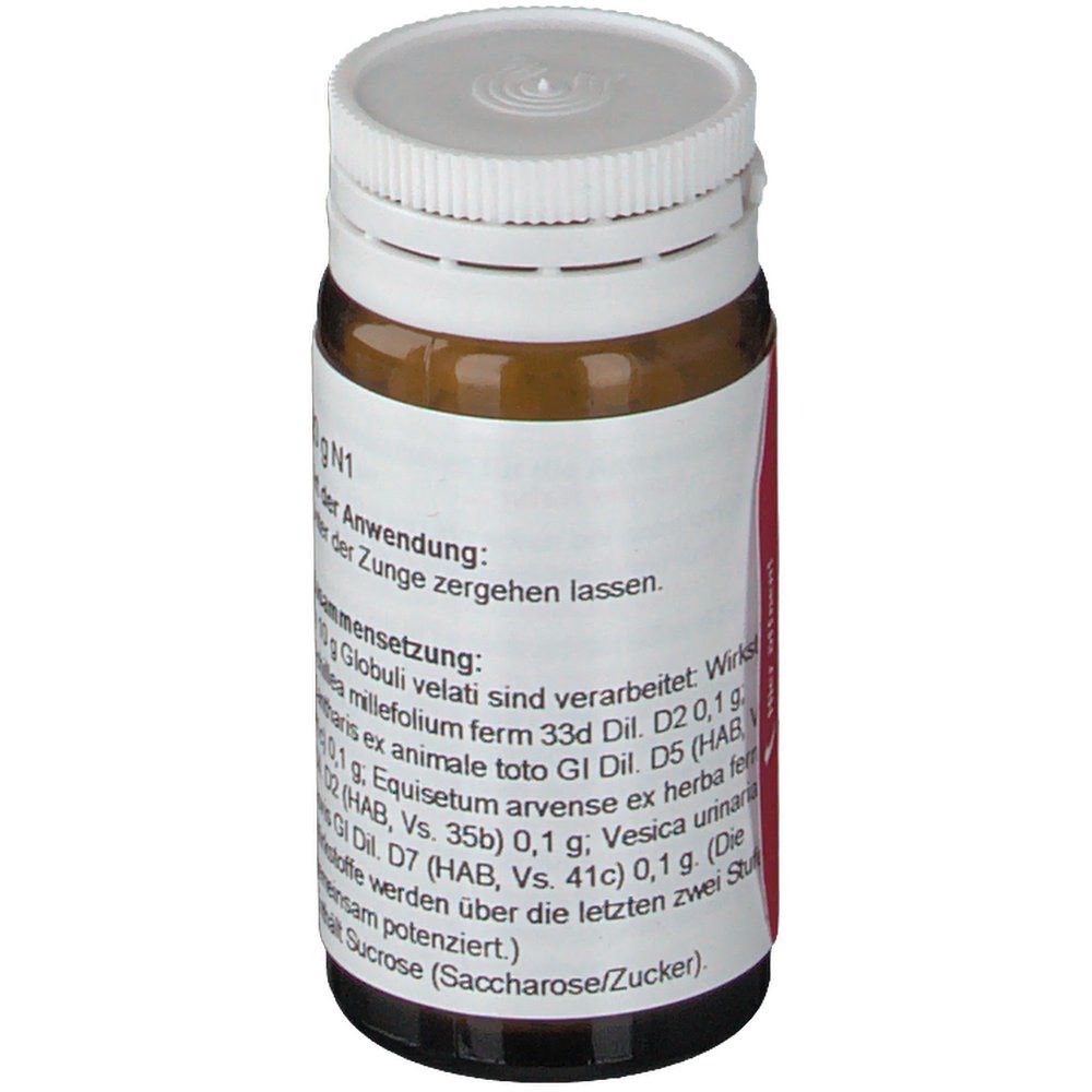 Braune Glasflasche mit weißem Deckel. Etikett mit Text, darunter "Zusammensetzung".