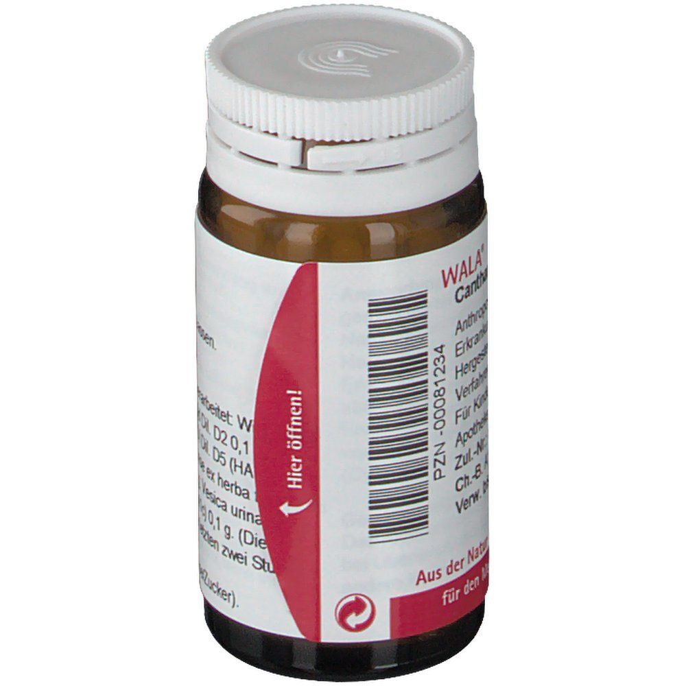 Braune Glasflasche mit weißem Deckel. Rotes Etikett mit Text und Barcode. "WALA" sichtbar.