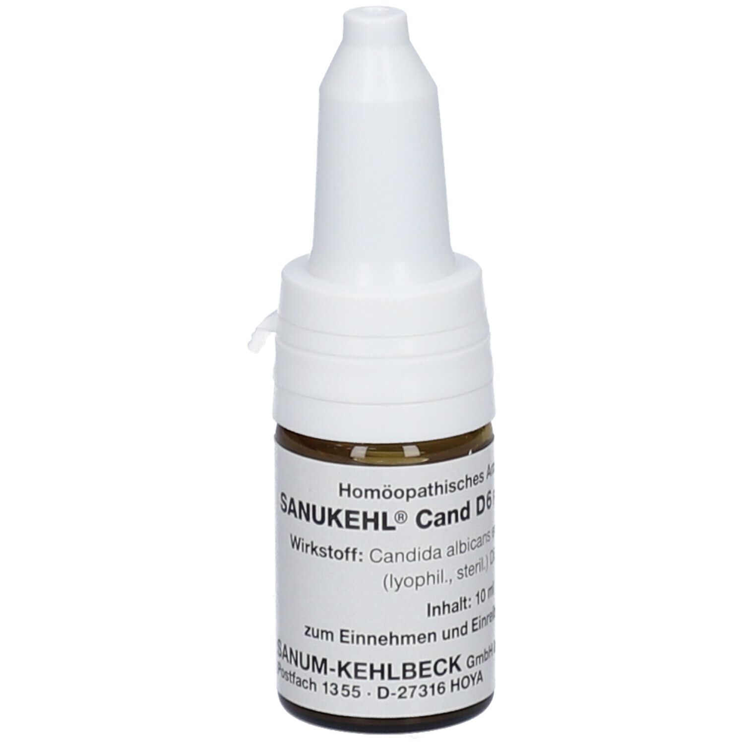 Braune Glasflasche mit weißem Tropfaufsatz. Etikett mit SANUKEHL® Cand D6 und Inhaltsstoffen. Homöopathisches Arzneimittel.