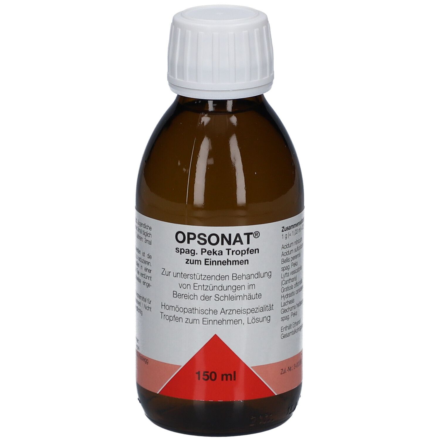 Braune Glasflasche mit weißem Deckel. Etikett mit Produktnamen OPSONAT, Text und rotem Dreieck. 150 ml.
