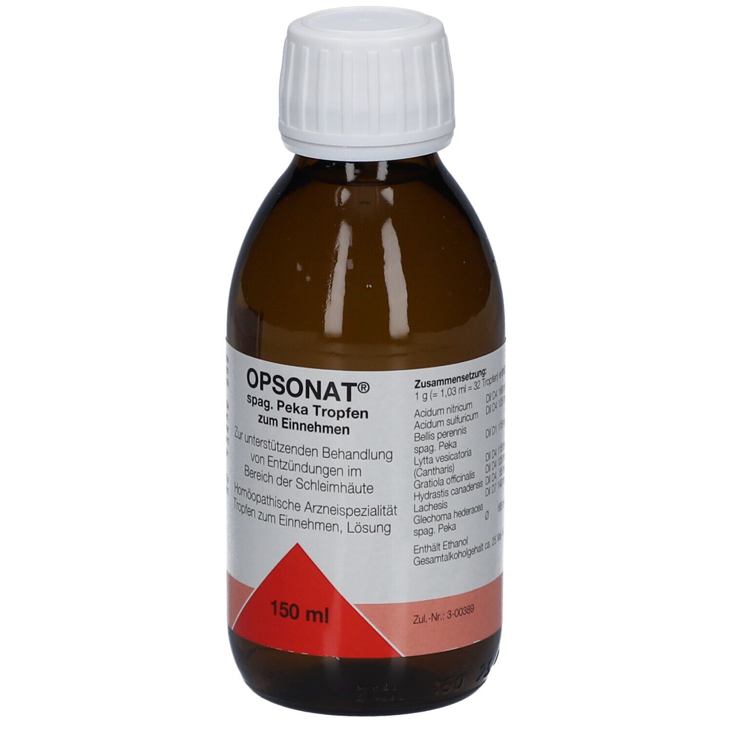 Braune Glasflasche mit weißem Deckel. Etikett mit Produktnamen OPSONAT, Text und rotem Dreieck. 150 ml.