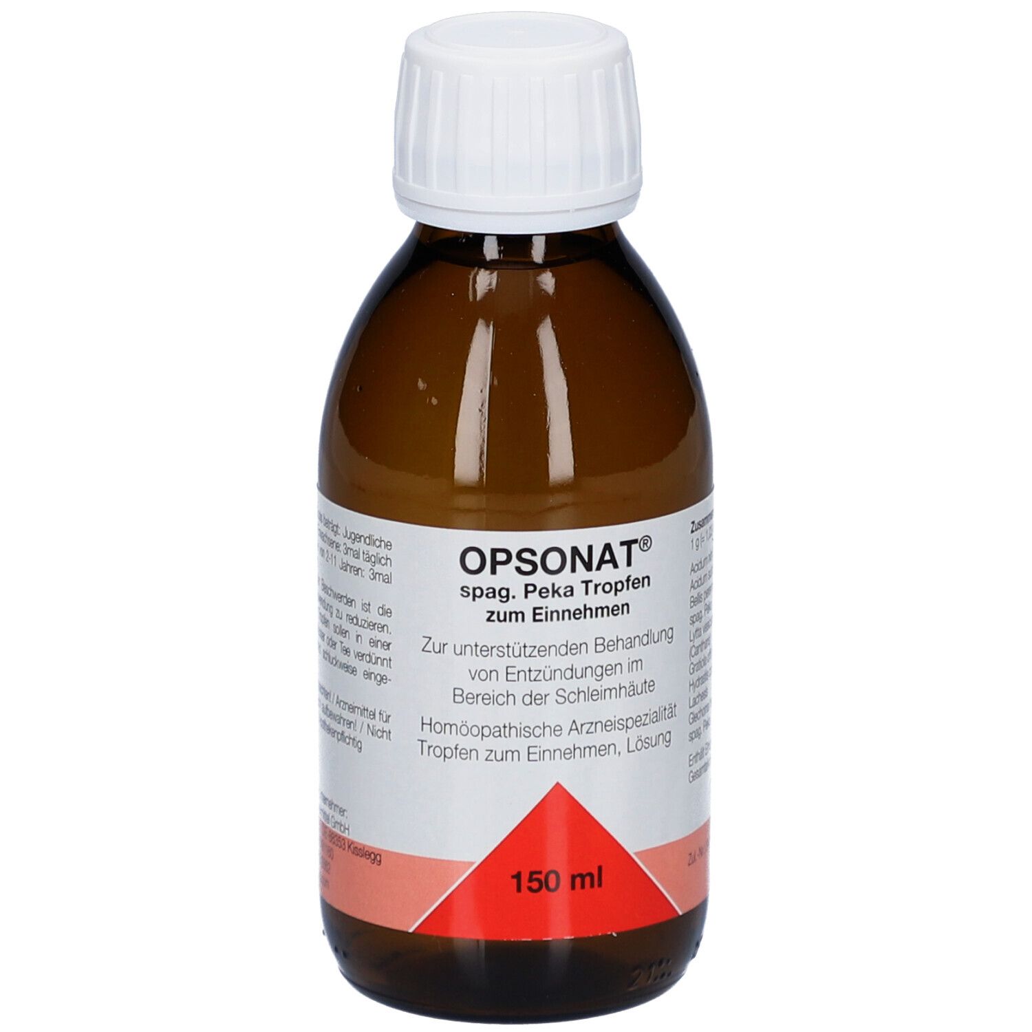 Braune Glasflasche mit weißem Deckel. Etikett mit Produktnamen OPSONAT, Text und rotem Dreieck. 150 ml.