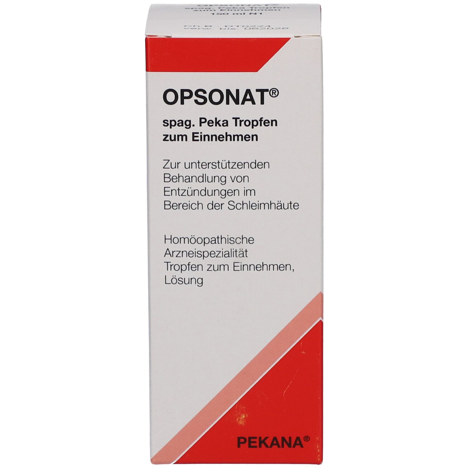 Weiße Schachtel mit rotem Streifen. Produktname OPSONAT, Text und Logo PEKANA.