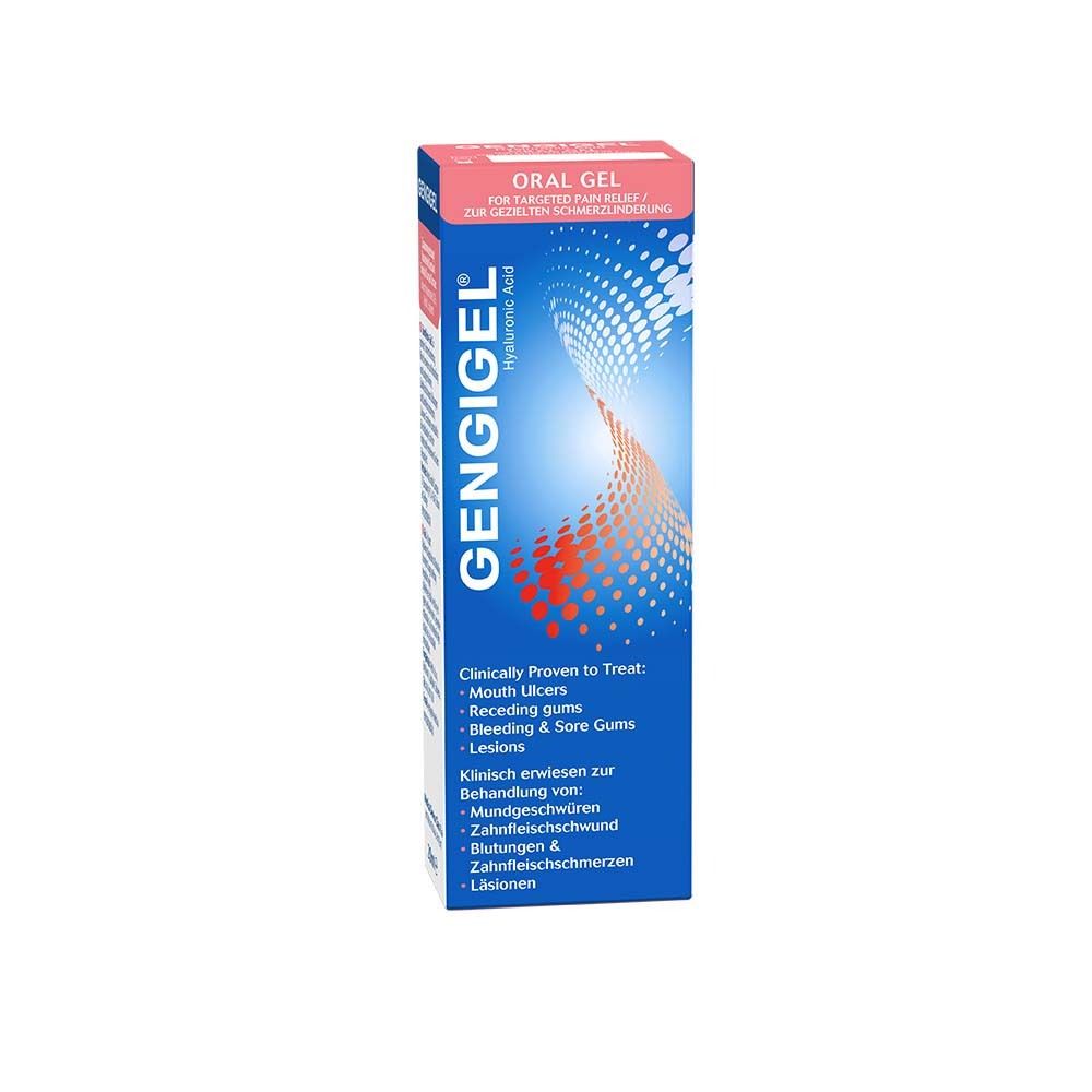 Gengigel® Zahnfleischgel-Packung. Blaue Schachtel mit Produktnamen und Inhaltsangaben. Rote Akzente.