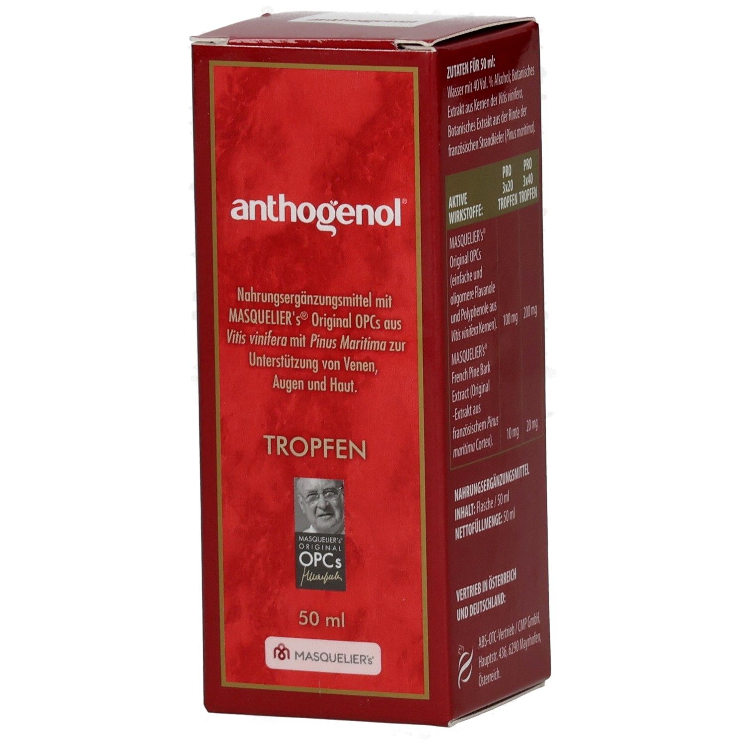 Rote Faltschachtel mit anthogenol-Aufdruck. Enthält Tropfen. 50 ml. Aufschrift: MASQUELIER's OPCs. Mit Bild von Prof. Masquelier.