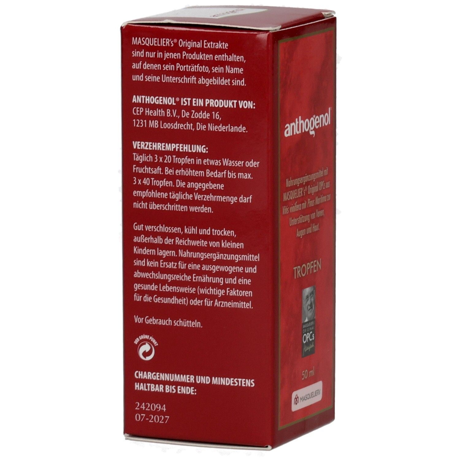 Rote Faltschachtel mit anthogenol-Aufdruck. Text: Verzehrempfehlung, Chargennummer und Mindesthaltbarkeit. Aufschrift: Tropfen. 50 ml.