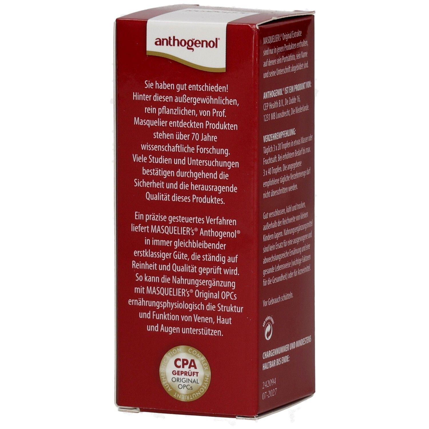 Rote Faltschachtel mit anthogenol-Aufdruck. Text über die Inhaltsstoffe und die Qualität des Produkts. CPA-Siegel.