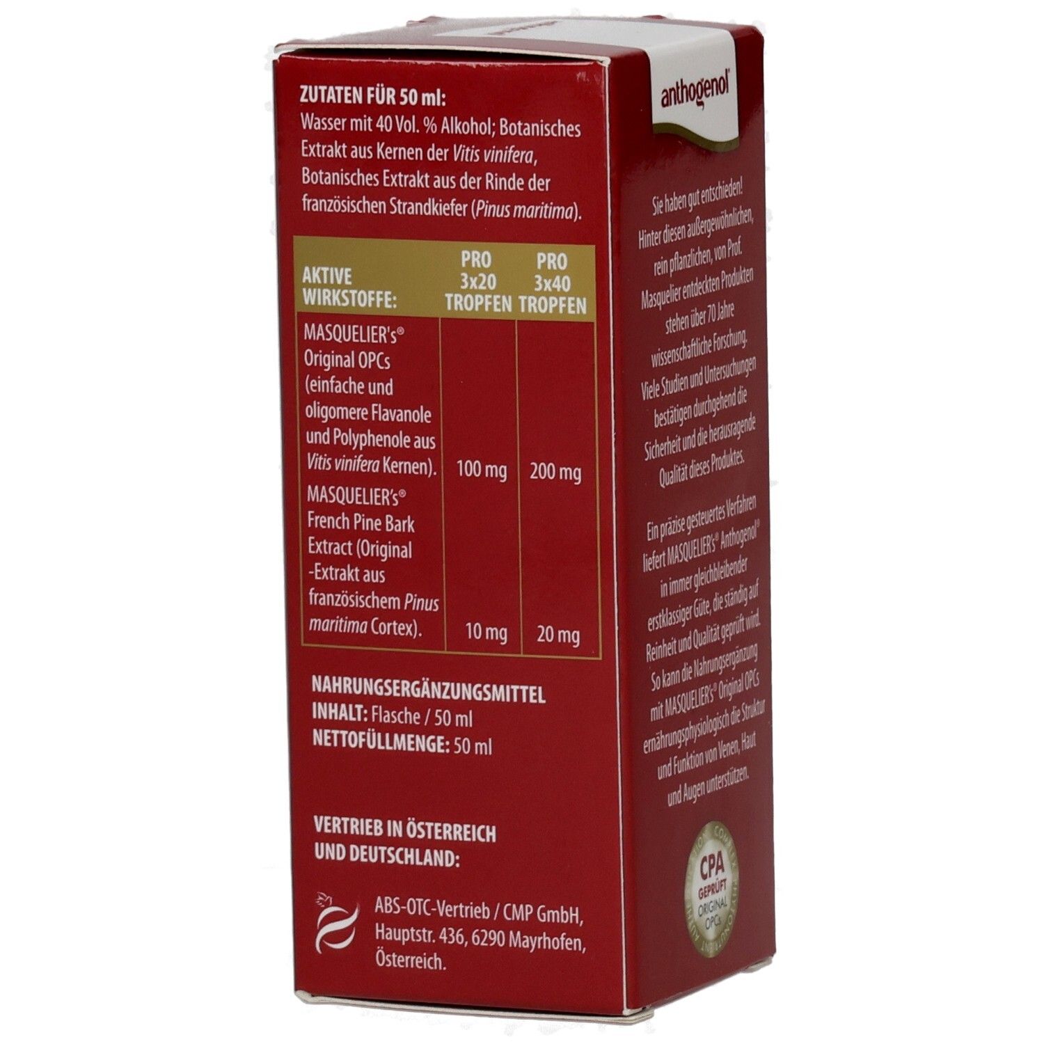 Rote Faltschachtel mit anthogenol-Aufdruck. Auflistung der Inhaltsstoffe. Aufschrift: Tropfen. 50 ml. CPA-Siegel.