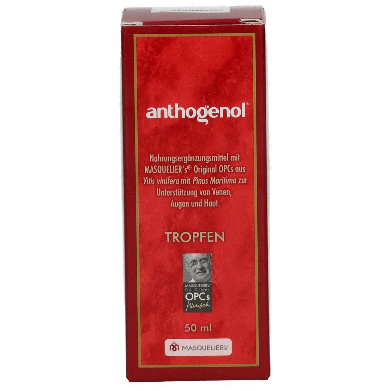 Rote Faltschachtel mit anthogenol-Aufdruck. Aufschrift: Nahrungsergänzungsmittel. Bild von Prof. Masquelier. Aufschrift: Tropfen. 50 ml.