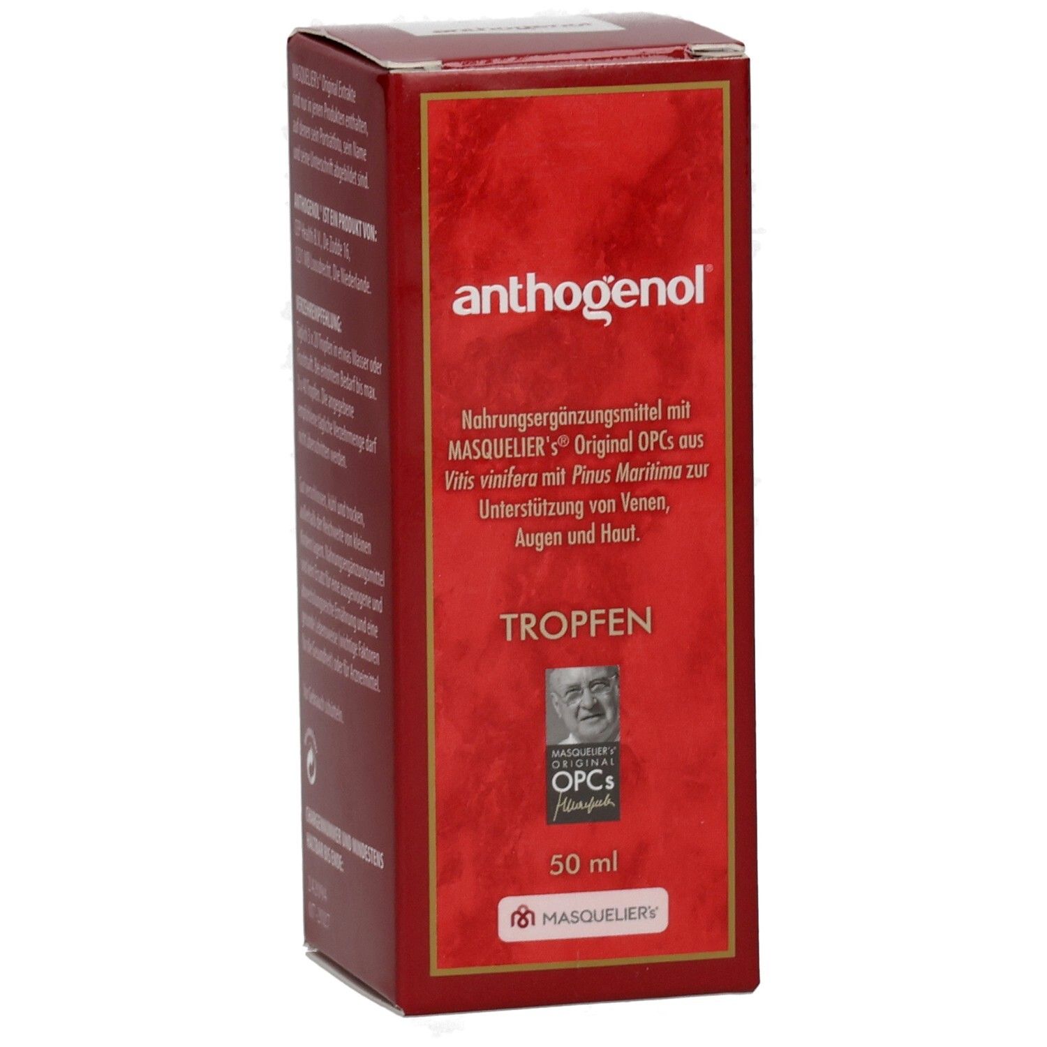 Rote Faltschachtel mit anthogenol-Aufdruck. Aufschrift: Nahrungsergänzungsmittel. Bild von Prof. Masquelier. Aufschrift: Tropfen. 50 ml.