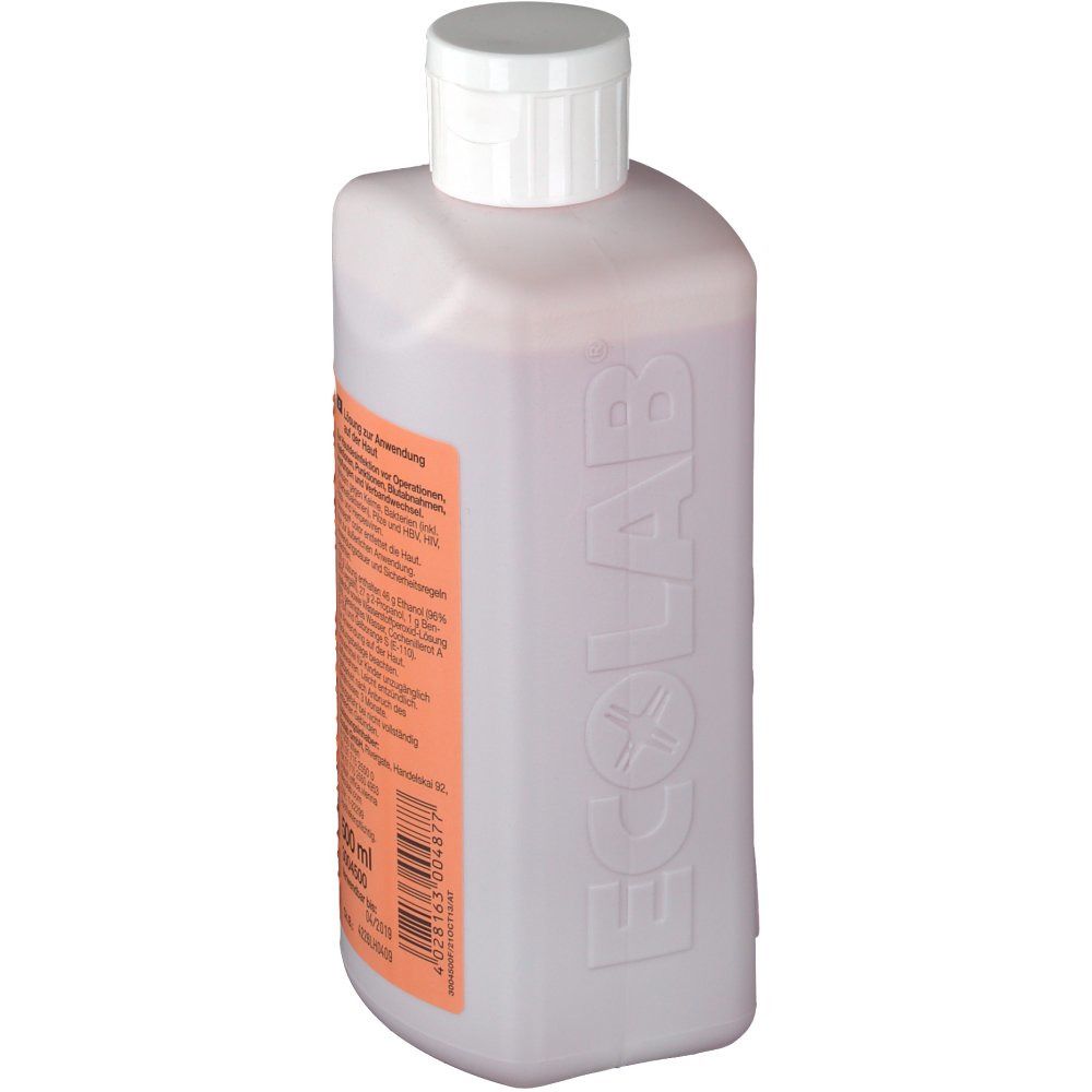 Flasche mit weißem Verschluss. Skinsept color-Etikett. Orangefarbenes Etikett mit Text. ECOLAB-Logo auf der Flasche.