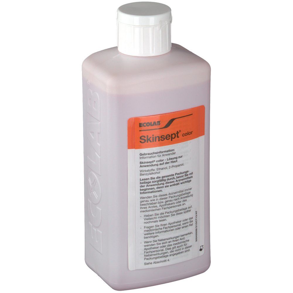 Flasche mit weißem Verschluss. Skinsept color-Etikett. Orangefarbenes Etikett mit Text. ECOLAB-Logo auf der Flasche.