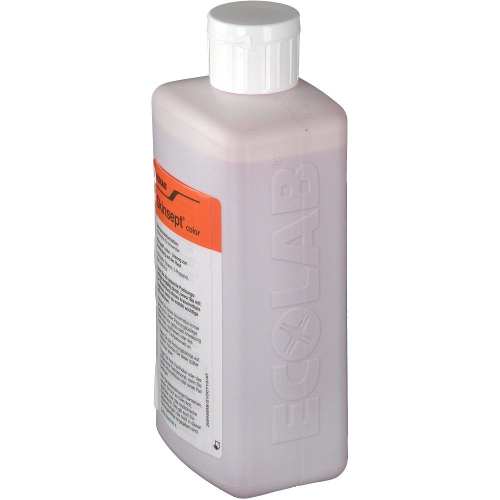 Flasche mit weißem Verschluss. Skinsept color-Etikett. Orangefarbenes Etikett mit Text. ECOLAB-Logo auf der Flasche.