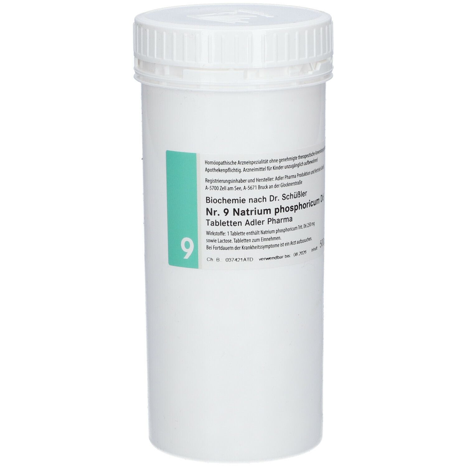 Weiße Tabletten-Dose mit Schraubverschluss. Aufkleber mit Produktinformationen: Nr. 9 Natrium phosphoricum D6, Adler Pharma, 500g.