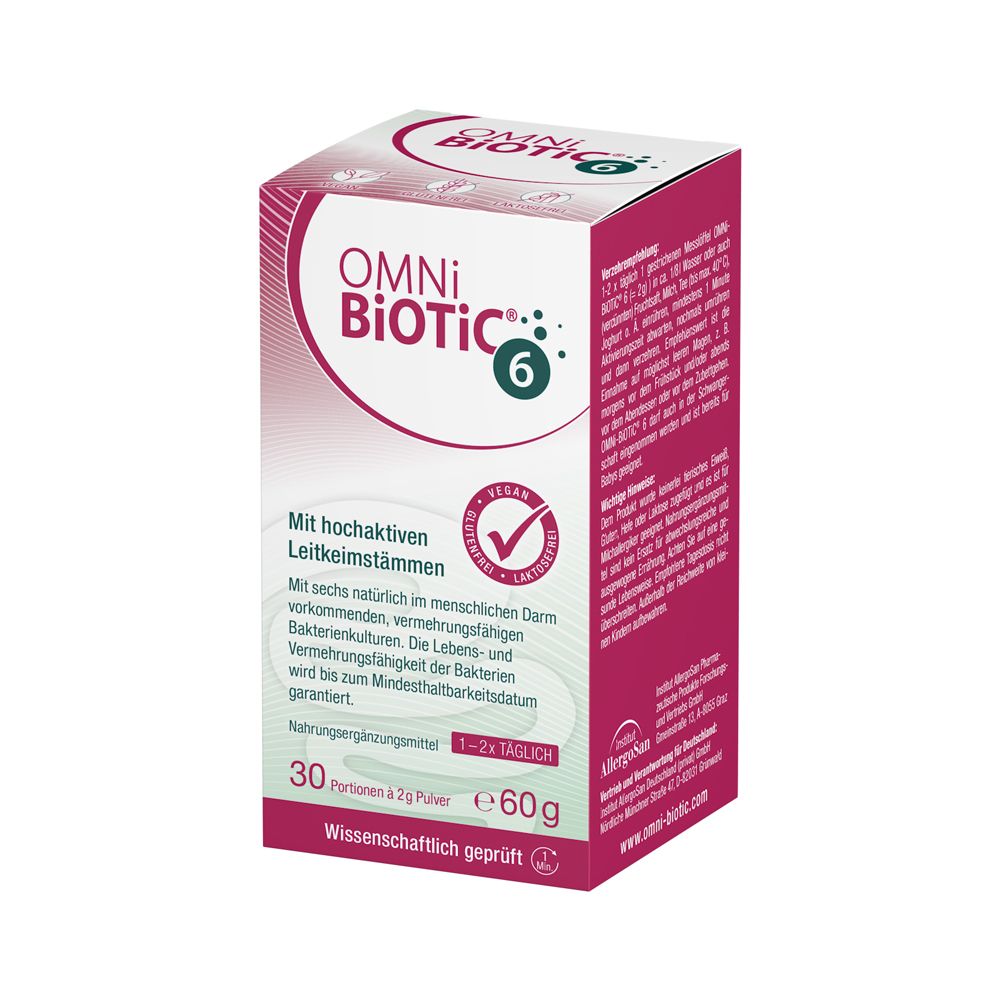 OMNi-BiOTiC® 6 Kartonverpackung, Vorderseite mit Produktnamen und Siegeln.
