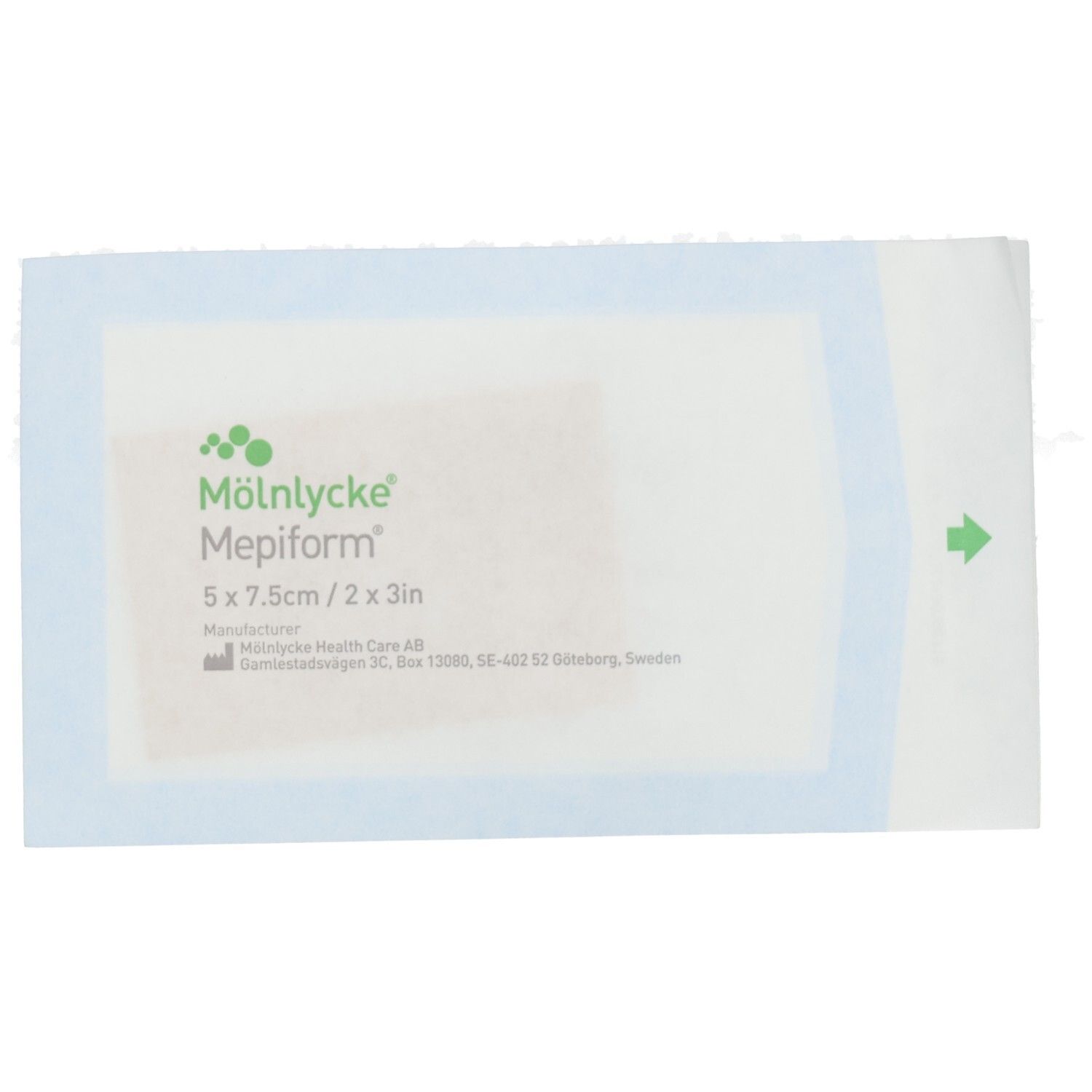 Verpackung von Mepiform. Rechteckig, mit blauen und weißen Rändern. Aufdruck mit Produktname, Größe und Hersteller.