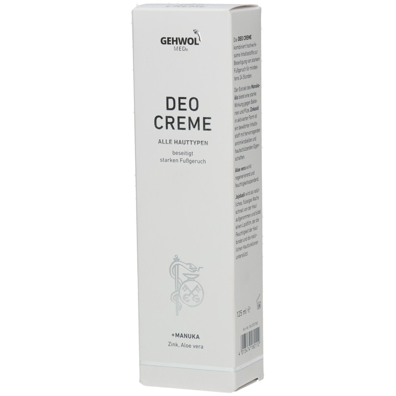Weiße Verpackung mit GEHWOL MED Logo und DEO CREME Schriftzug. Enthält Manuka, Zink, Aloe vera. Für alle Hauttypen.