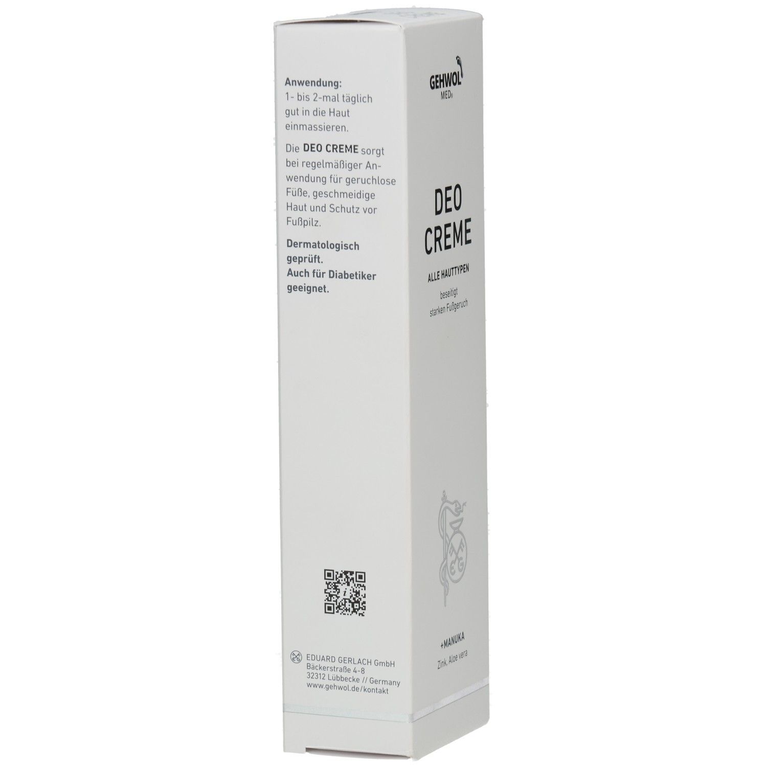 Weiße Verpackung mit Text. Anwendung: 1-2 mal täglich. Auch für Diabetiker geeignet. QR-Code und Firmenadresse.