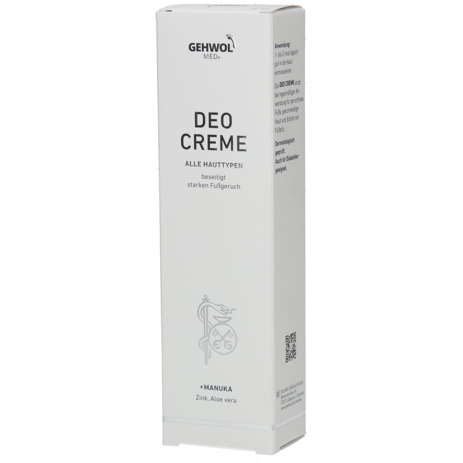 Weiße Verpackung mit GEHWOL MED Logo und DEO CREME Schriftzug. Enthält Manuka, Zink, Aloe vera. Für alle Hauttypen.