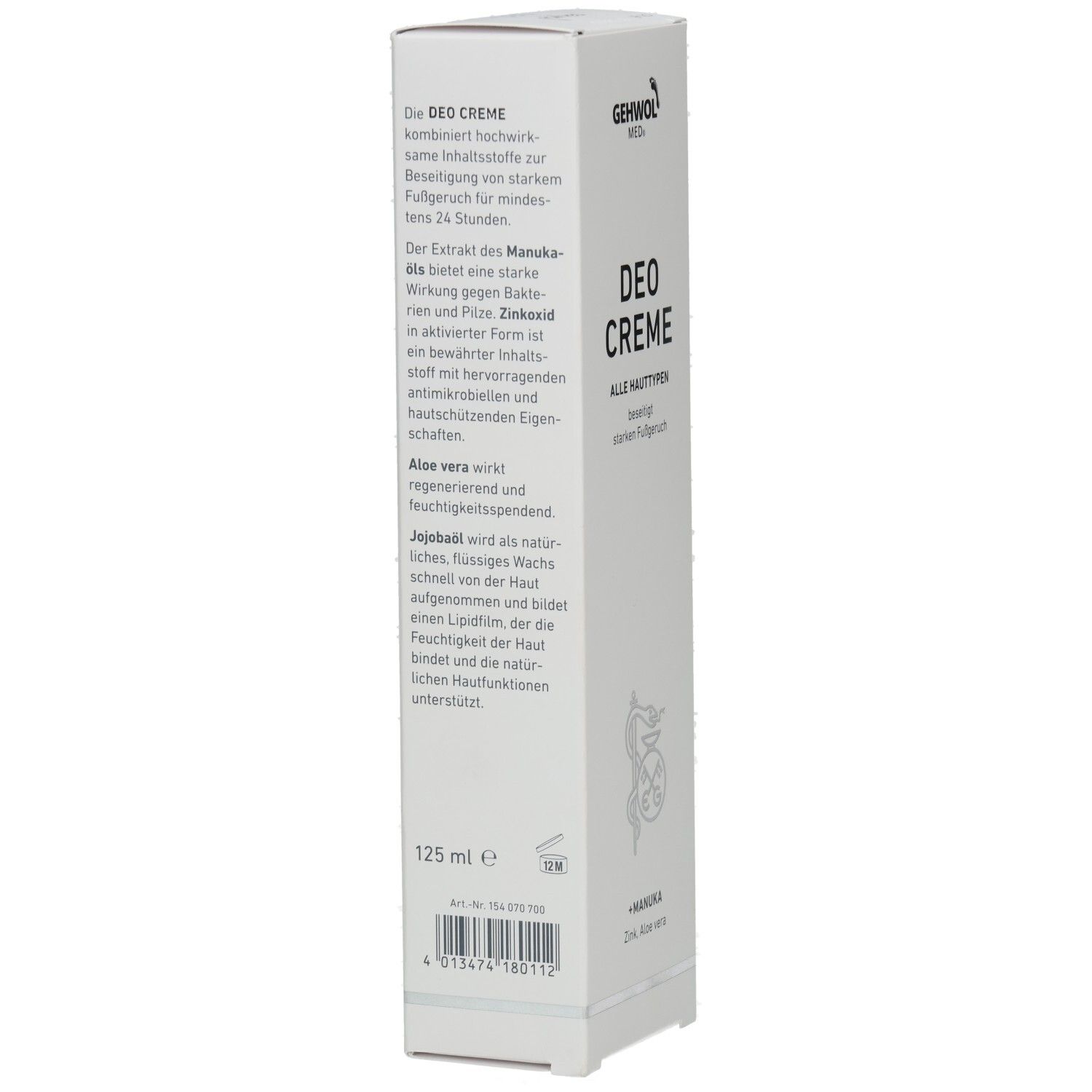 Weiße Verpackung mit Text. DEO CREME für mindestens 24 Stunden. 125 ml. Inhaltsstoffe: Manuka, Zinkoxid, Aloe vera, Jojoba.
