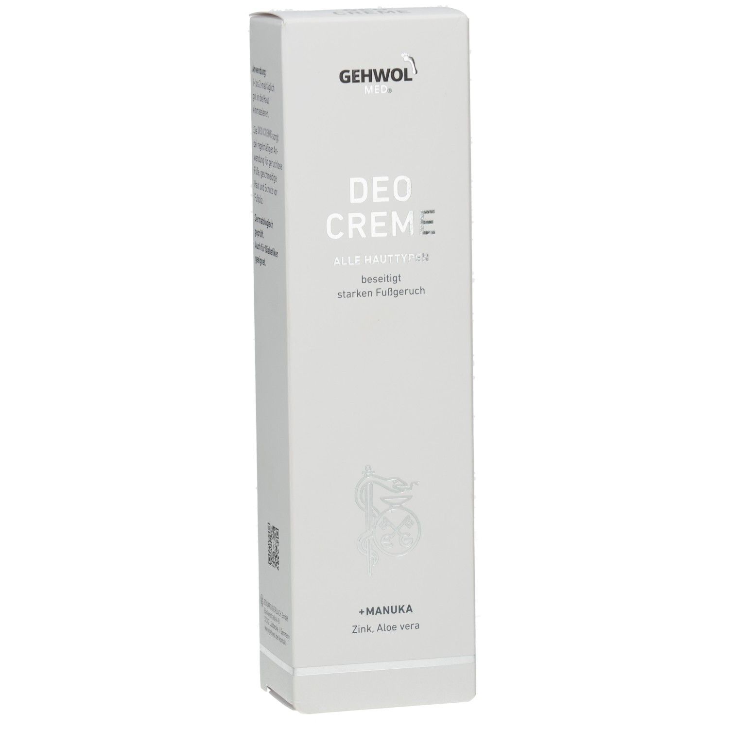 Weiße Verpackung mit GEHWOL MED Logo und DEO CREME Schriftzug. Enthält Manuka, Zink, Aloe vera. Für alle Hauttypen.