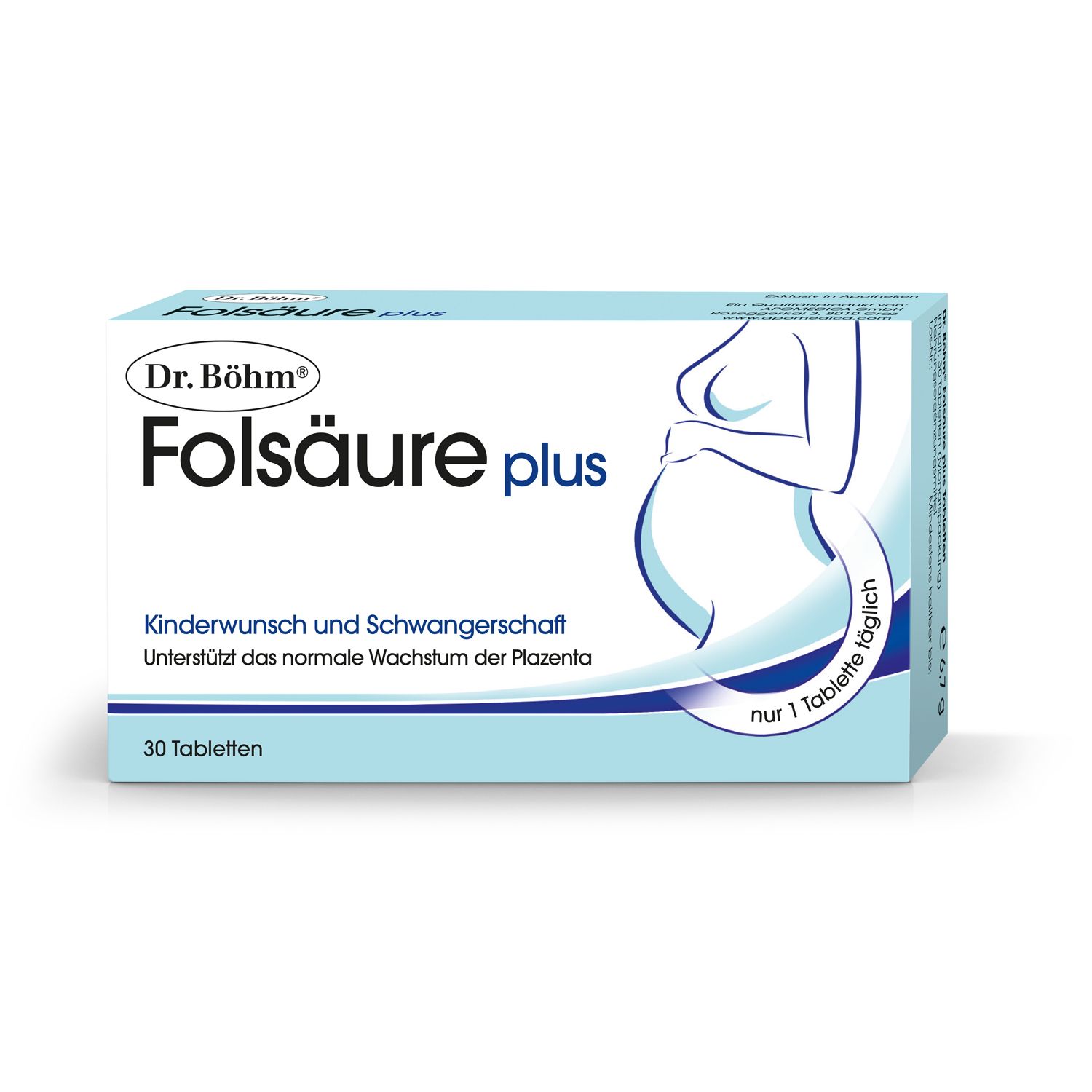 Dr. Böhm Folsäure plus Tabletten. Hellblaue Schachtel mit Produktnamen und Umriss einer schwangeren Frau.