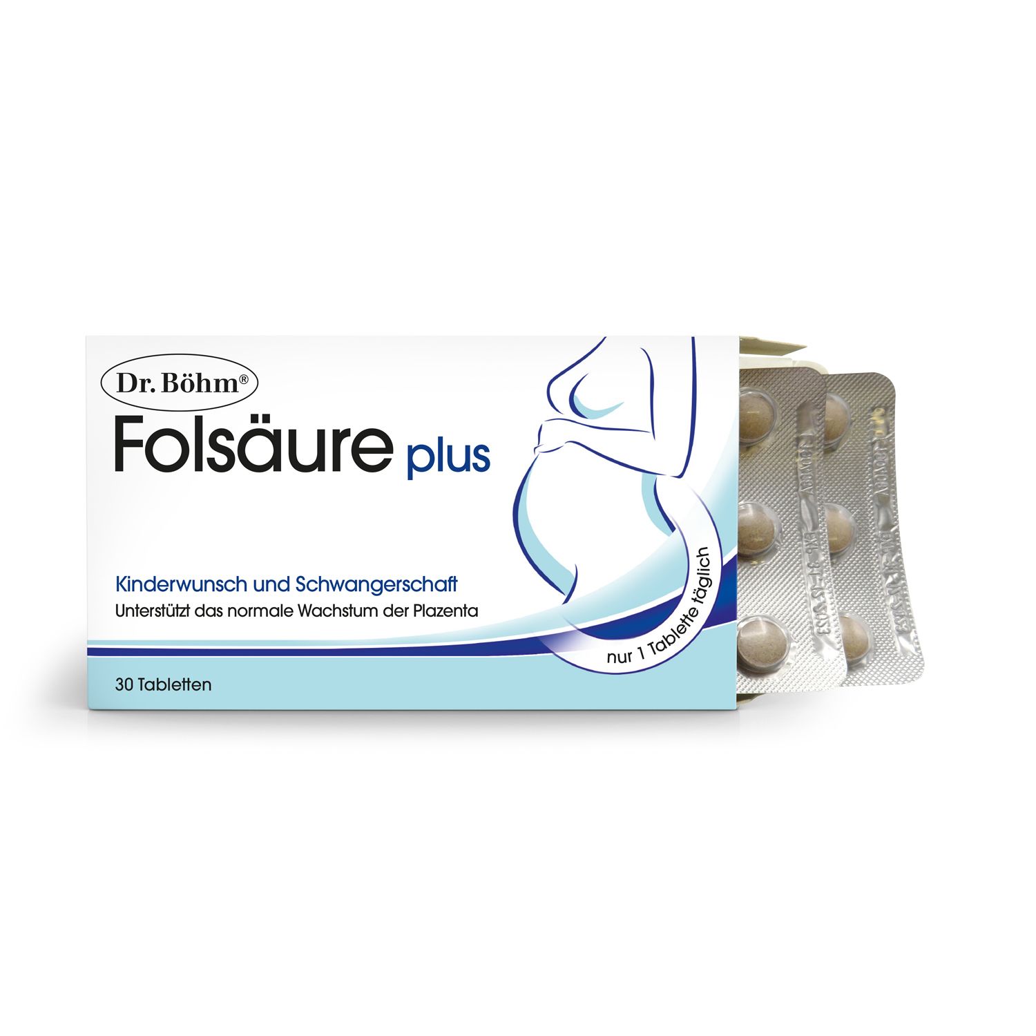 Dr. Böhm Folsäure plus Tabletten. Schachtel mit Tablettenblistern. Produktname und Umriss einer schwangeren Frau.