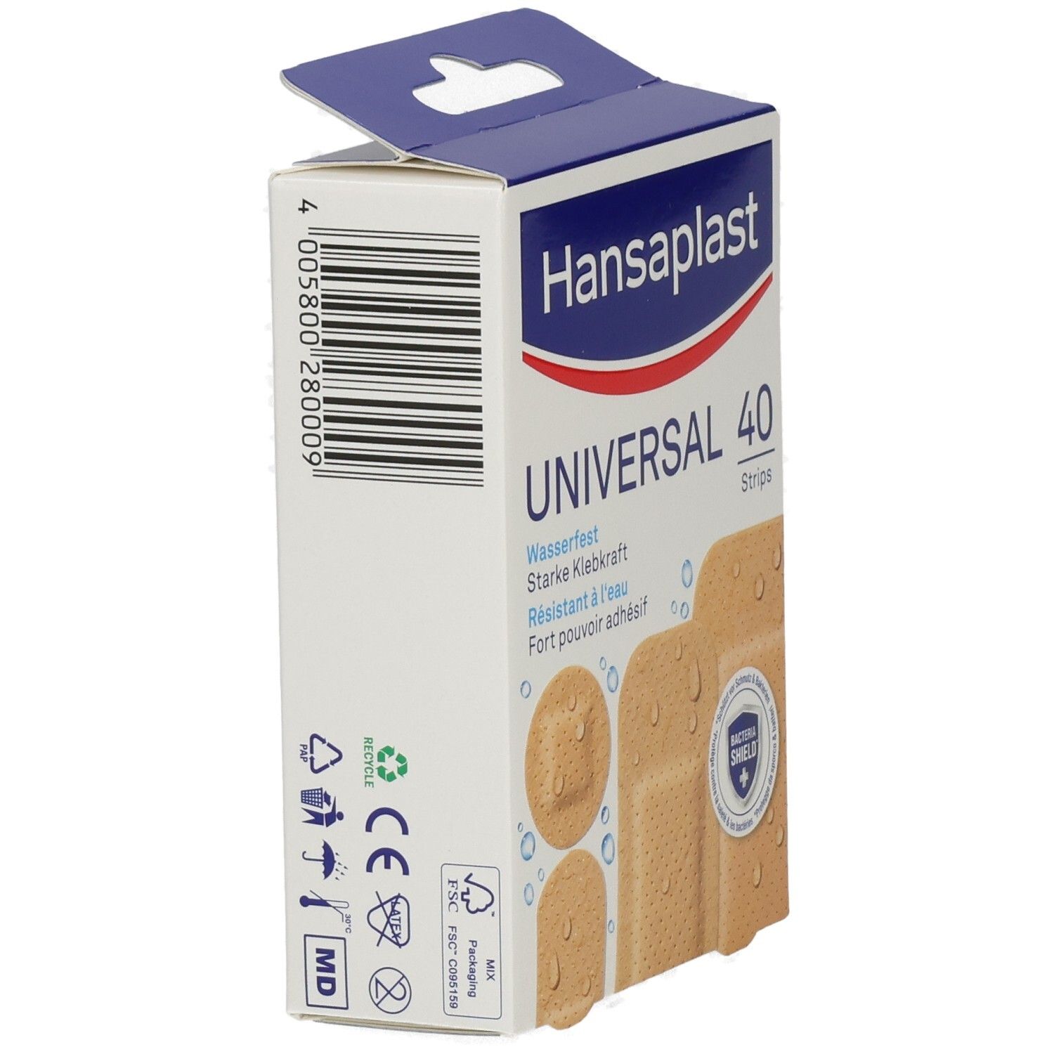 Hansaplast Universal Pflaster-Packung, Rückseite mit Barcode und Zertifizierungen.