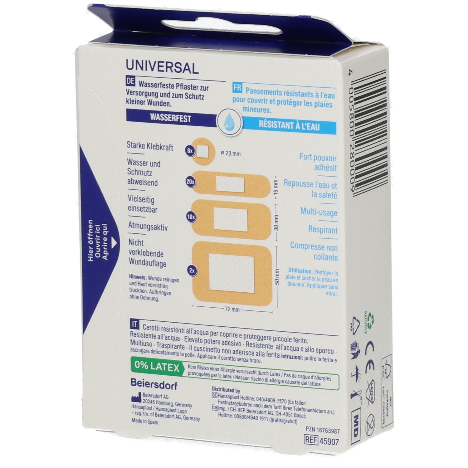 Hansaplast Universal Pflaster-Packung, Rückseite mit Größenangaben und Anwendungshinweisen.