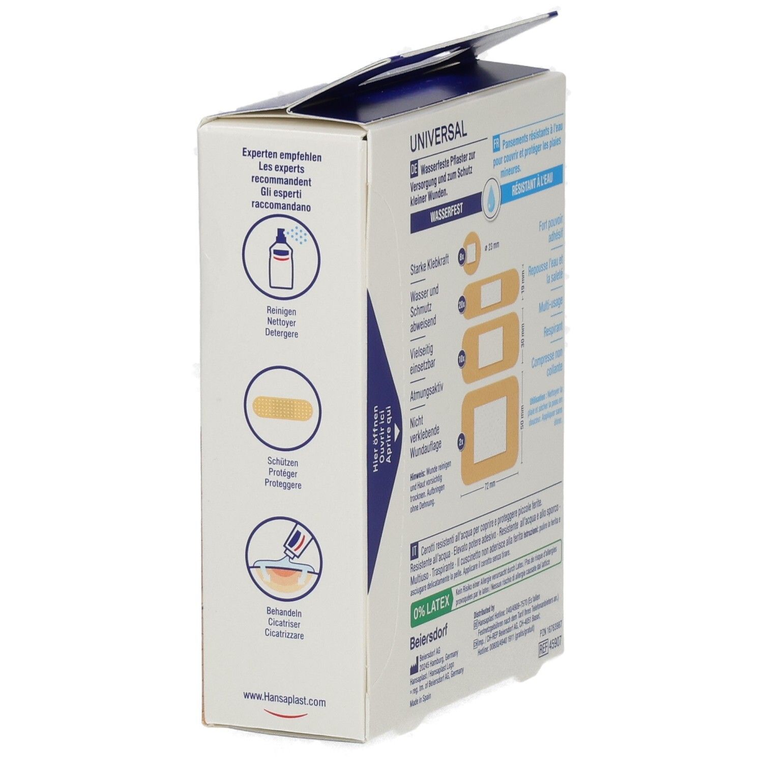 Hansaplast Universal Pflaster-Packung, Seite mit Anwendungstipps und Produktmerkmalen.