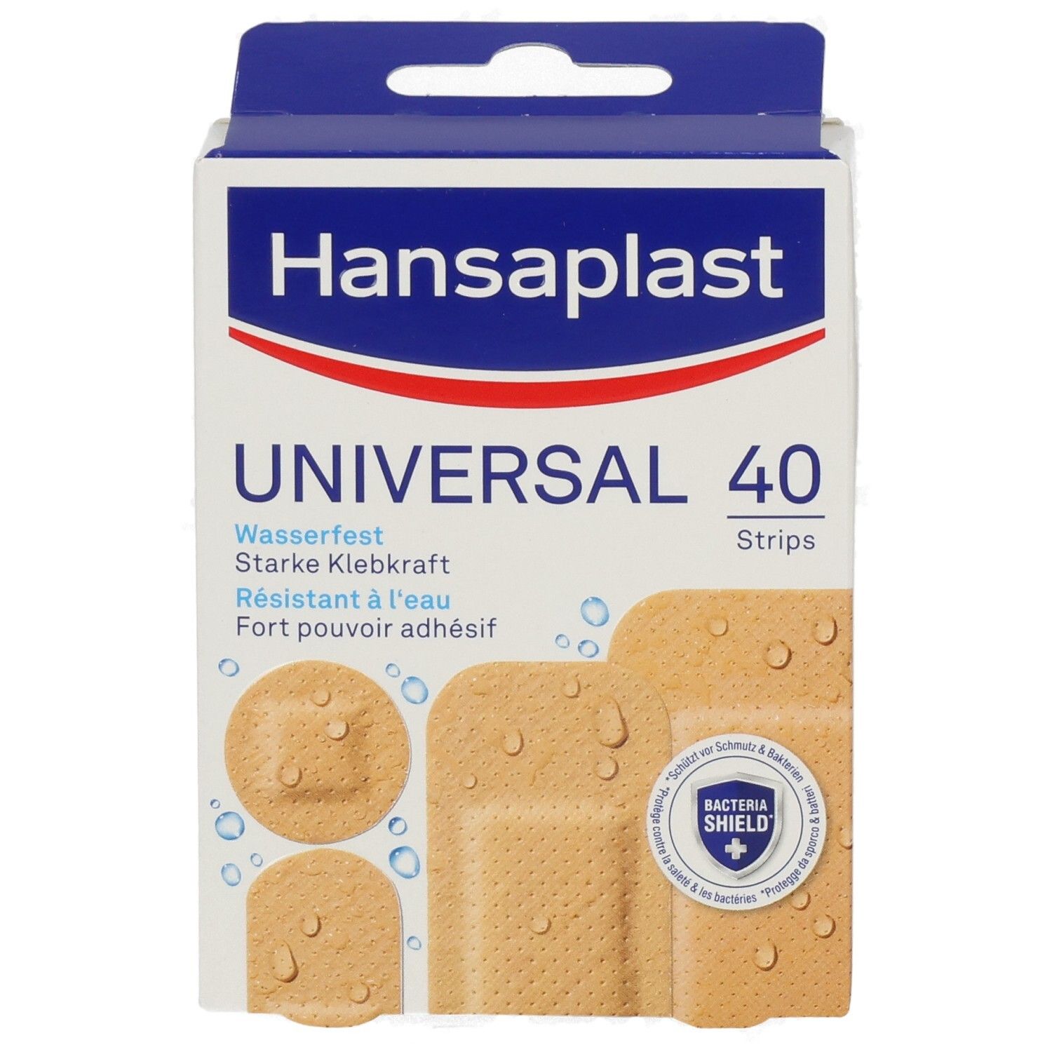 Hansaplast Universal Pflaster-Packung, Vorderseite mit Produktabbildungen.