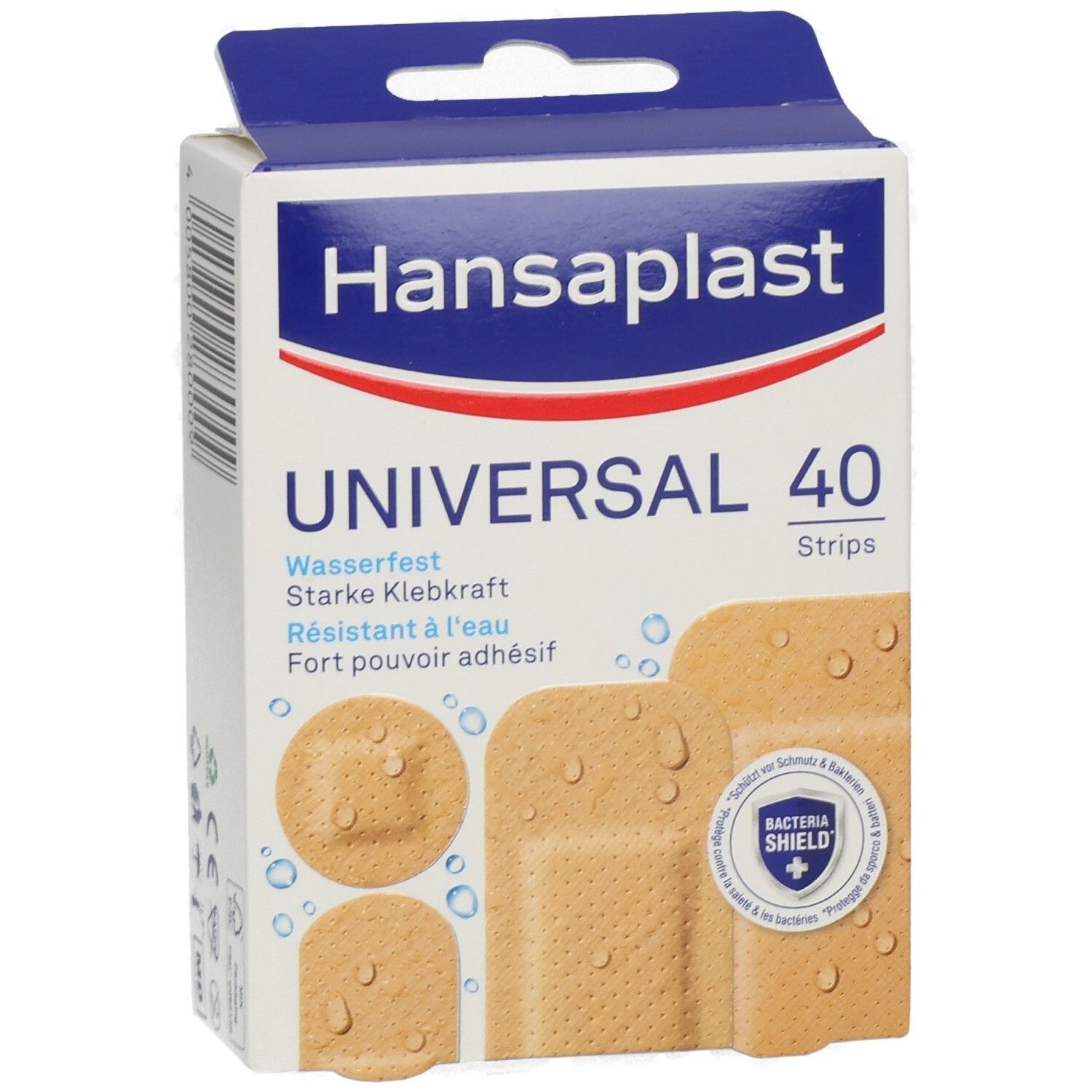 Hansaplast Universal Pflaster-Packung, 40 Stück, wasserfest, mit Bacteria Shield.