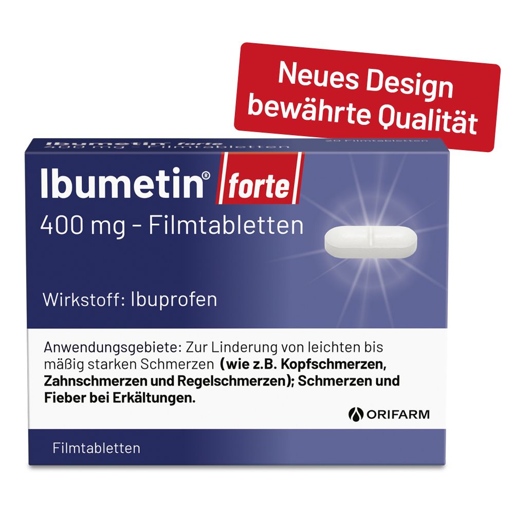 Ibumetin® forte 400 mg Filmtabletten Verpackung mit rotem Banner 'Neues Design, bewährte Qualität'.