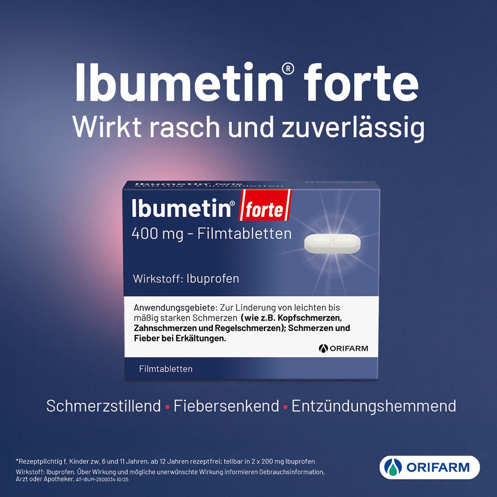 Ibumetin® forte 400 mg Filmtabletten Verpackung. Text: 'Wirkt rasch und zuverlässig'.