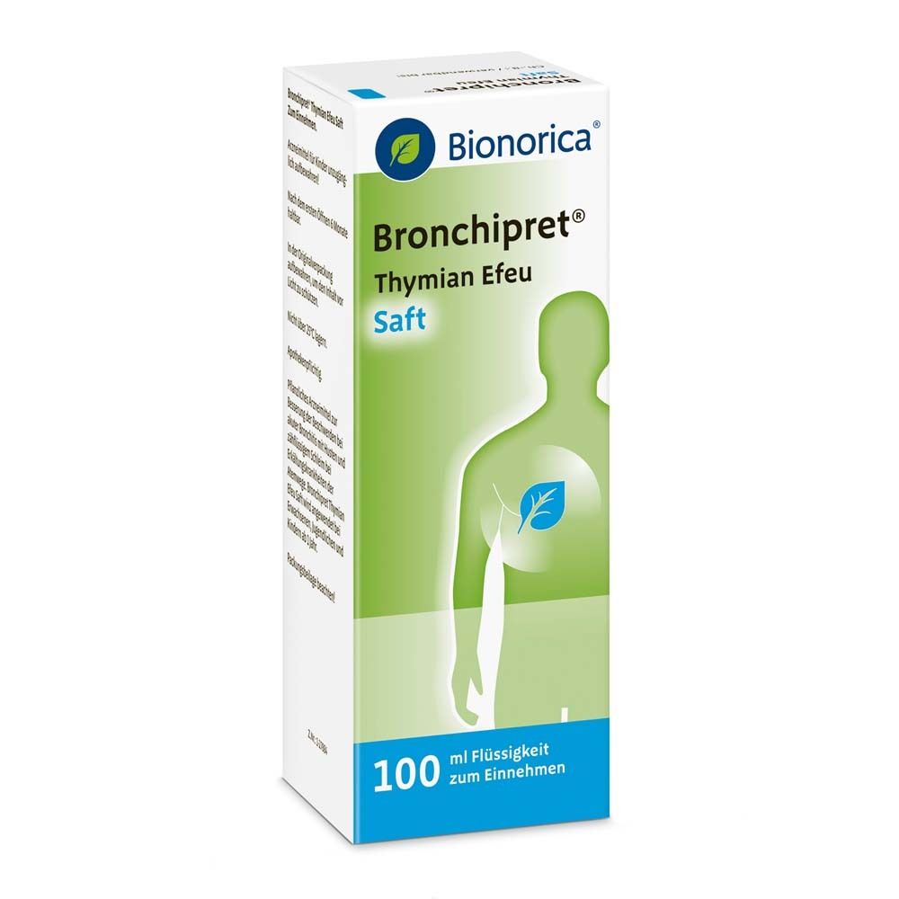 Karton mit Produktaufdruck: Bronchipret® Thymian Efeu Saft. Logo Bionorica. Grün-weißes Design. Text und Illustrationen.