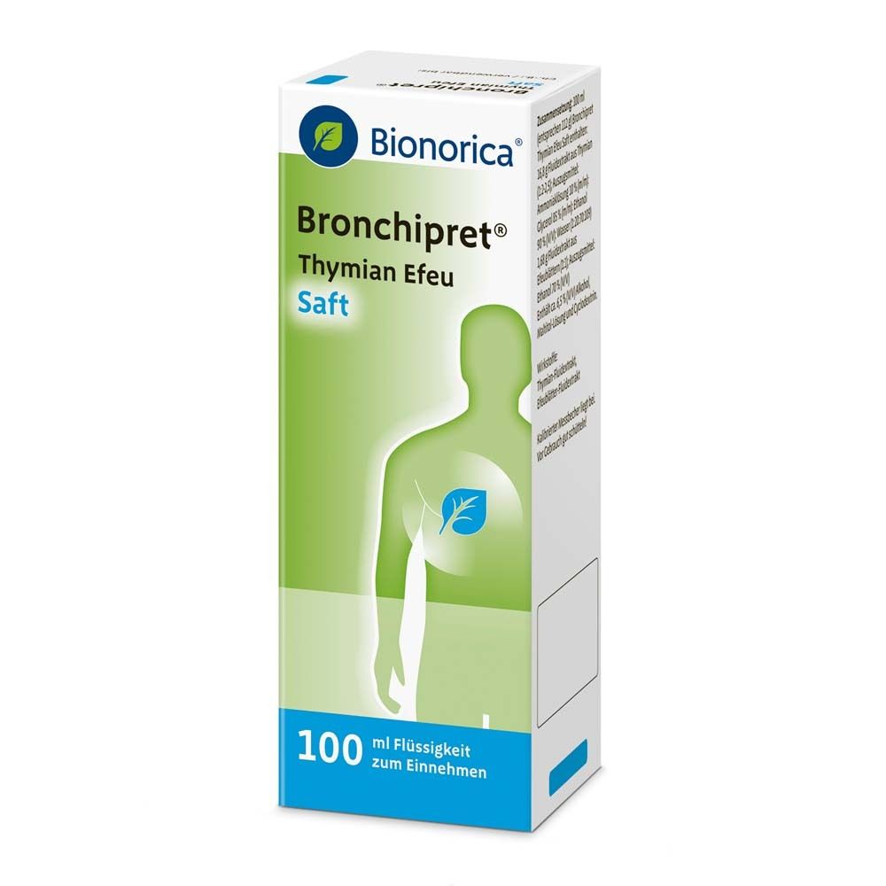 Karton mit Produktaufdruck: Bronchipret® Thymian Efeu Saft. Logo Bionorica. Grün-weißes Design. Text und Illustrationen.