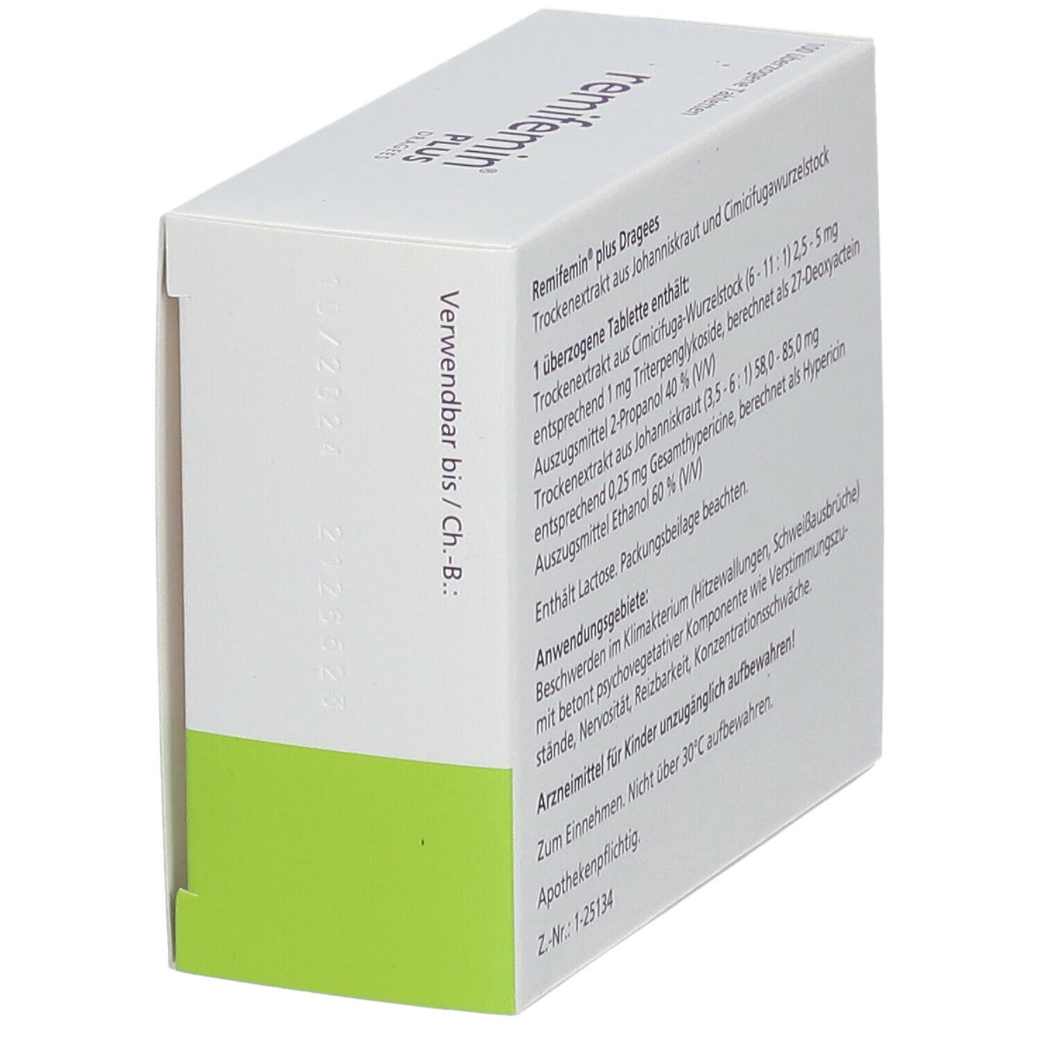 Schachtel Remifemin® plus Dragees. Seitenansicht mit Text und Verfallsdatum. Grün und weiß.