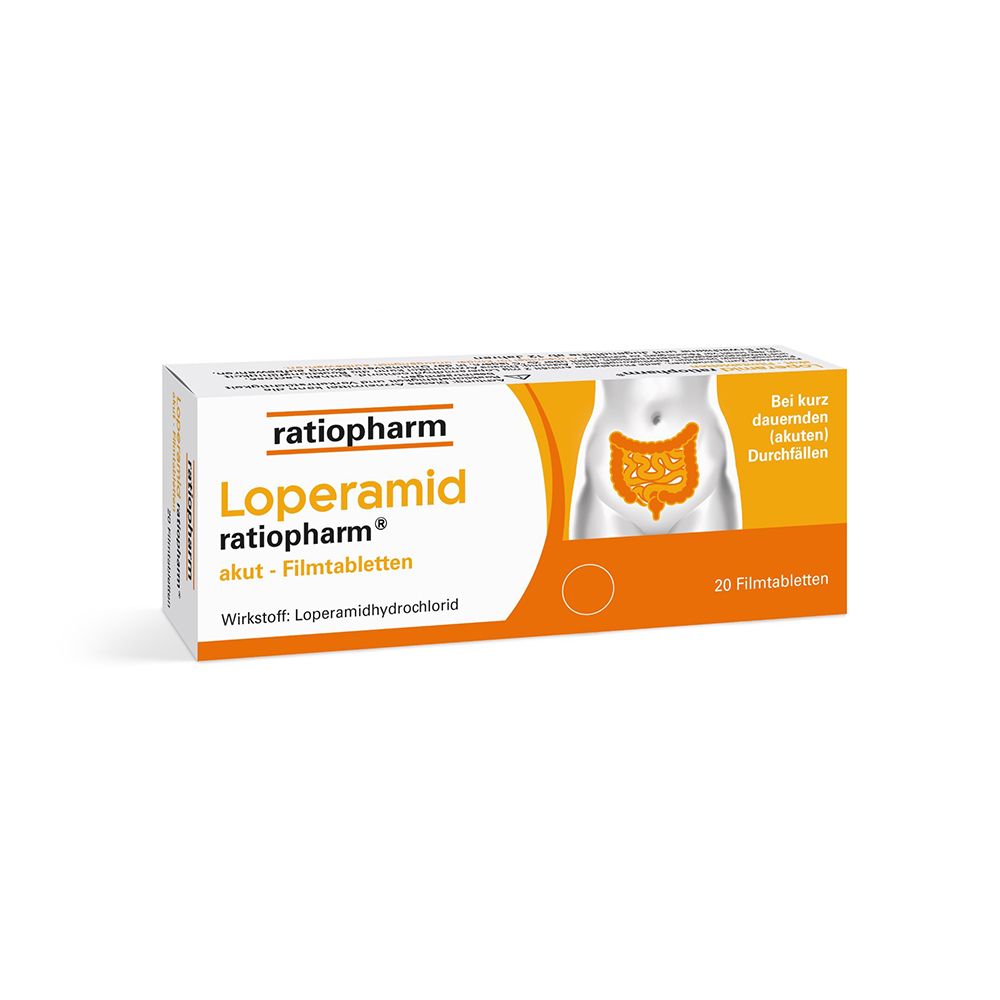 ratiopharm Loperamid akut Filmtabletten, 20 Stück. Packung mit Darm-Symbol.