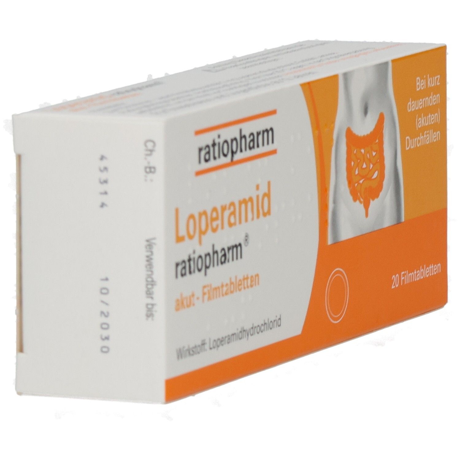 Schachtel Loperamid ratiopharm akut-Filmtabletten. Schräge Ansicht. Orange-weißes Design mit Produktnamen und Darm-Illustration.