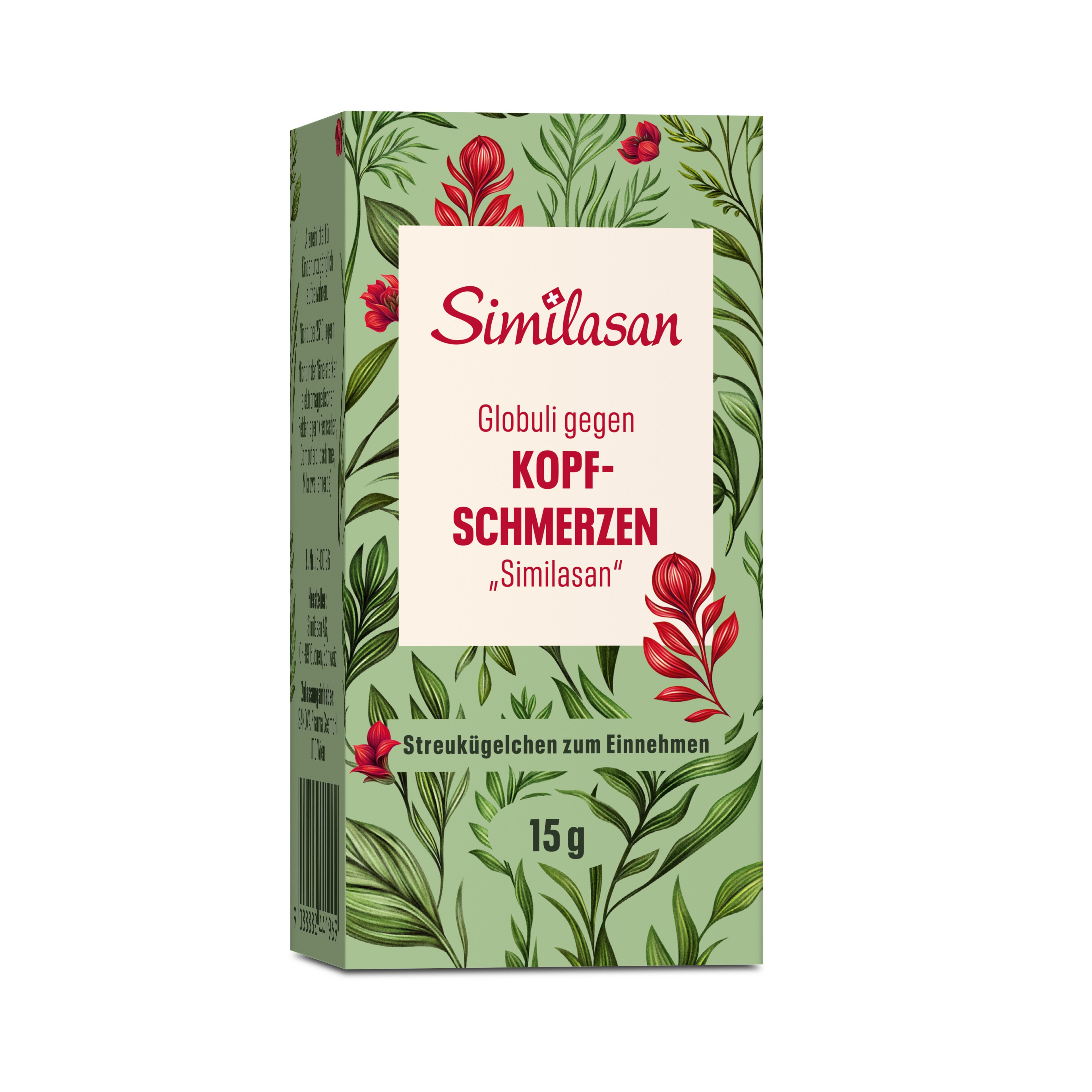 Grüne Schachtel mit floralem Muster. Aufschrift: Similasan, Globuli gegen Kopfschmerzen. 15g. Streukügelchen zum Einnehmen.