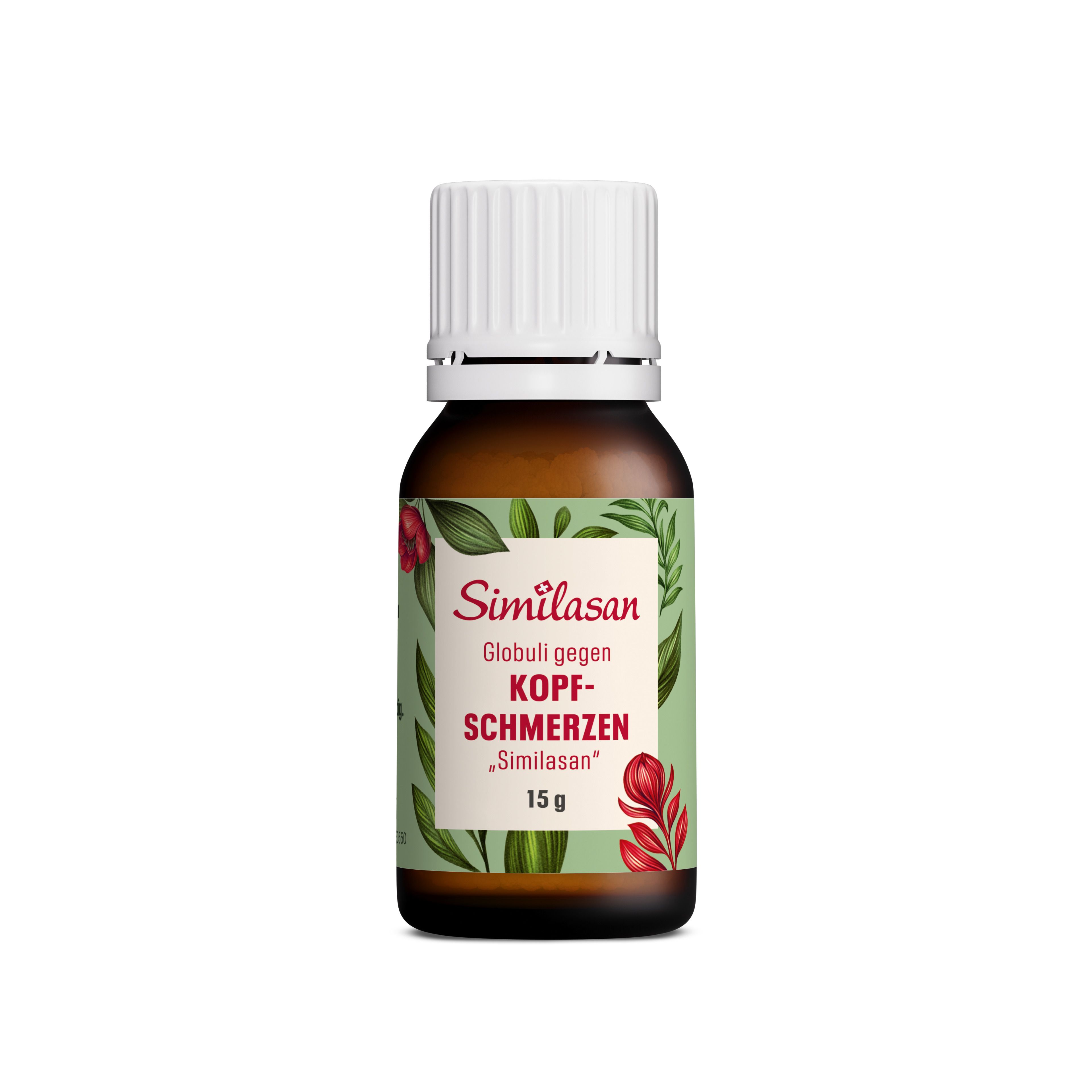 Braune Glasflasche mit weißem Deckel. Aufschrift: Similasan, Globuli gegen Kopfschmerzen. 15g. Etikett mit floralem Muster.