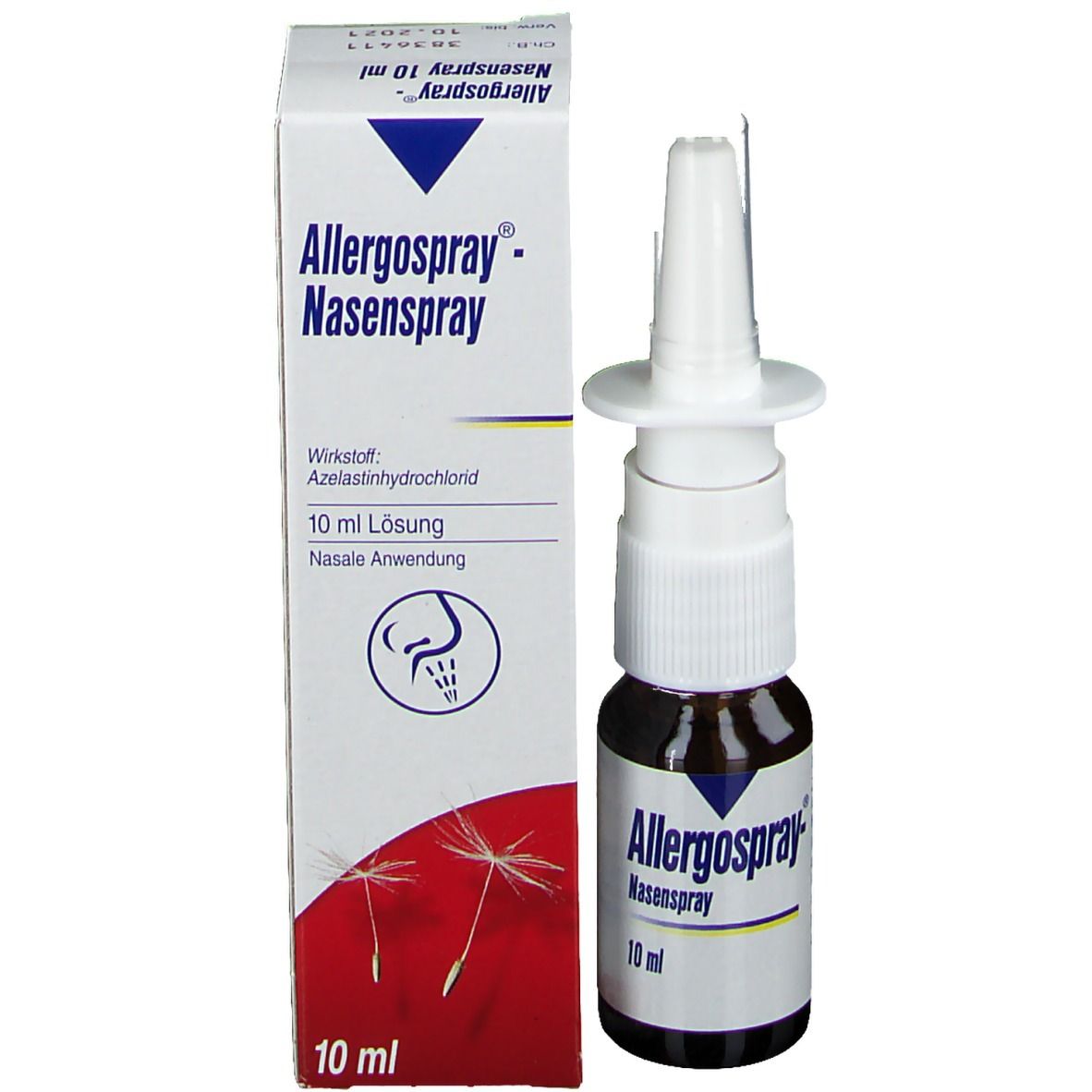 Allergospray-Nasenspray-Packung mit Flasche und Sprühaufsatz. Flasche mit 10 ml Lösung. Weißer Karton.