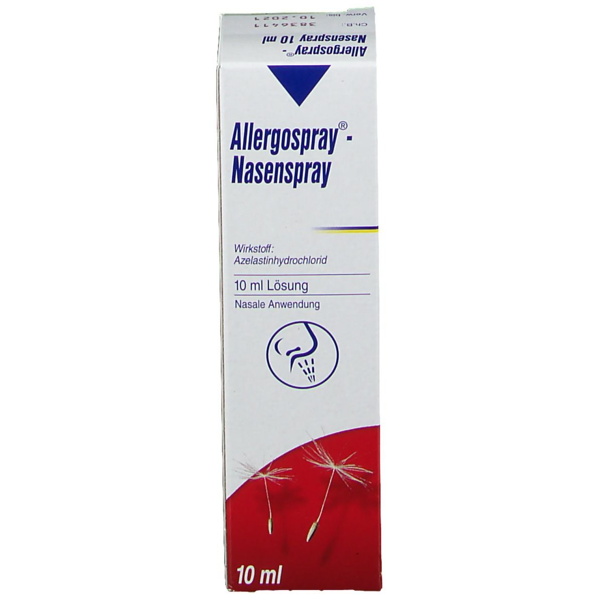 Weißer Karton mit Allergospray-Nasenspray-Aufdruck. Enthält 10 ml Lösung. Wirkstoff: Azelastinhydrochlorid. Nasale Anwendung.
