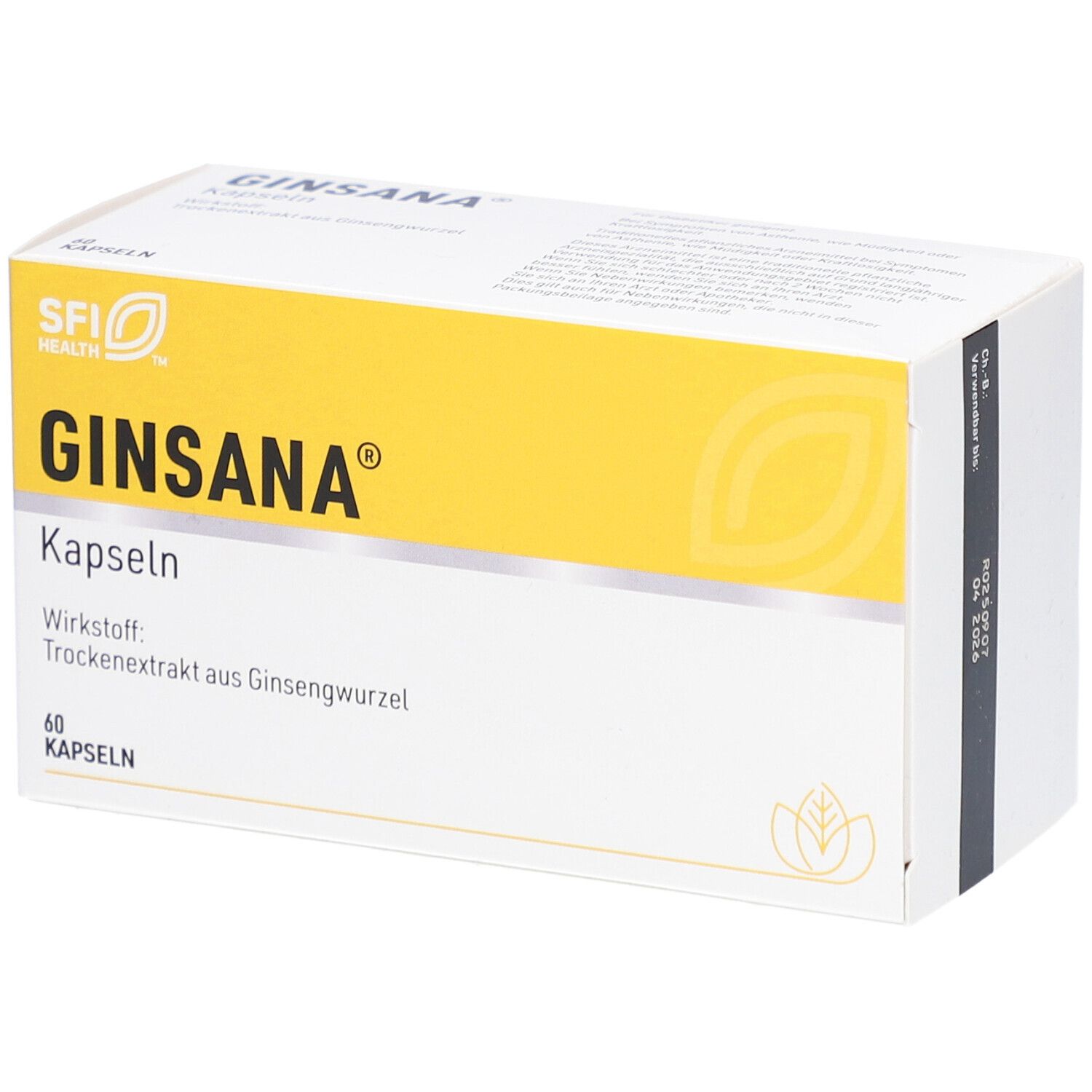 Weiße Schachtel mit gelbem Feld. Aufschrift: GINSANA Kapseln. Wirkstoff: Trockenextrakt aus Ginsengwurzel. 60 Kapseln.
