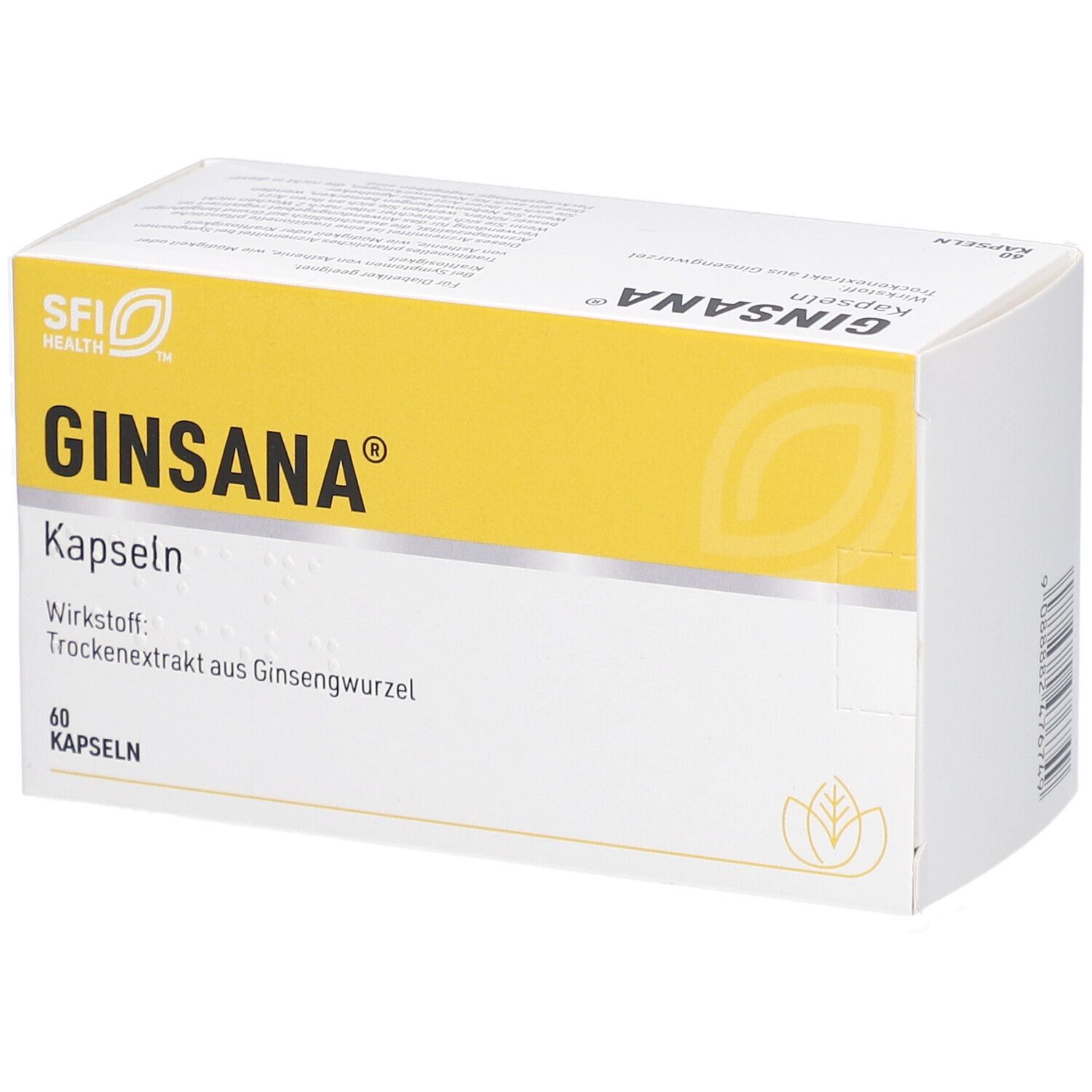 Weiße Schachtel mit gelbem Feld. Aufschrift: GINSANA Kapseln. Wirkstoff: Trockenextrakt aus Ginsengwurzel. 60 Kapseln.