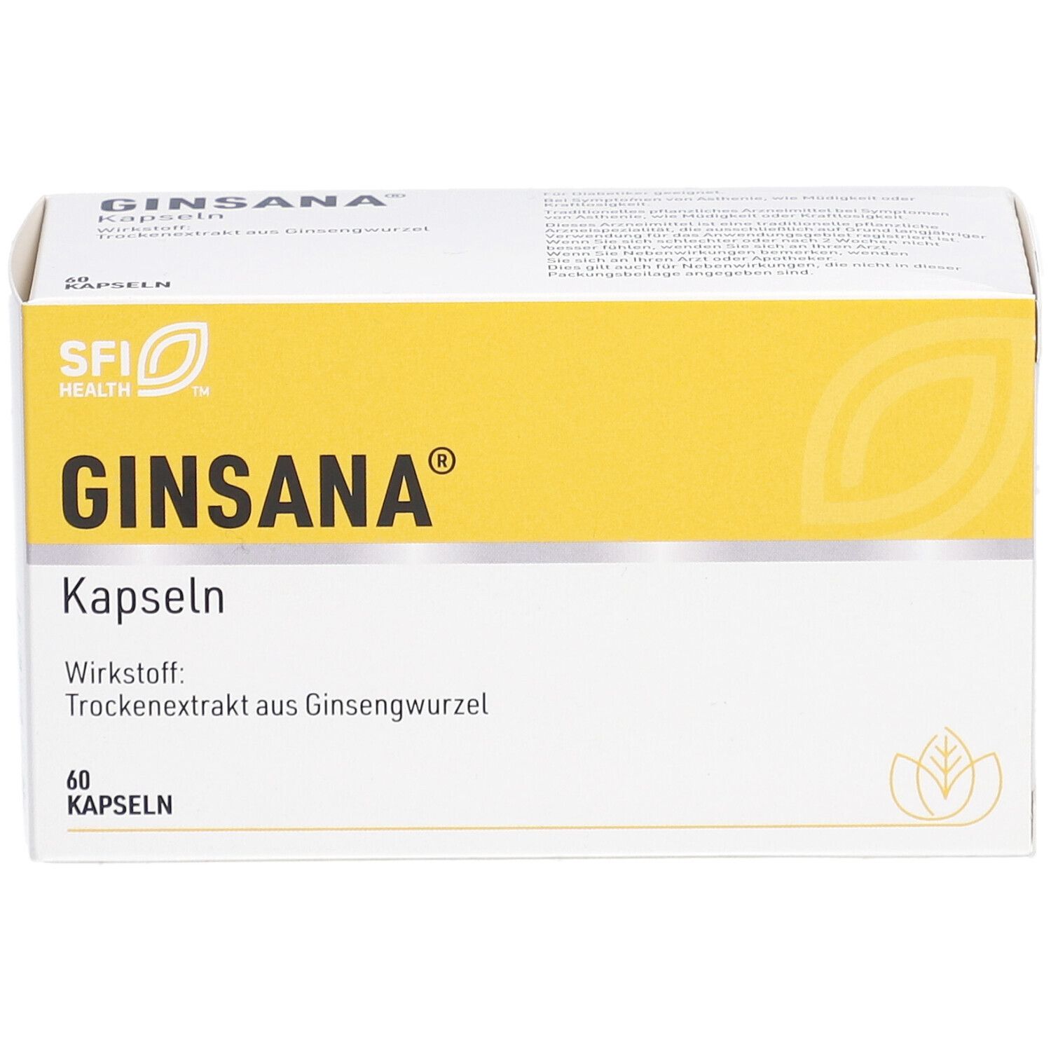 Weiße Schachtel mit gelbem Feld. Aufschrift: GINSANA Kapseln. Wirkstoff: Trockenextrakt aus Ginsengwurzel. 60 Kapseln.