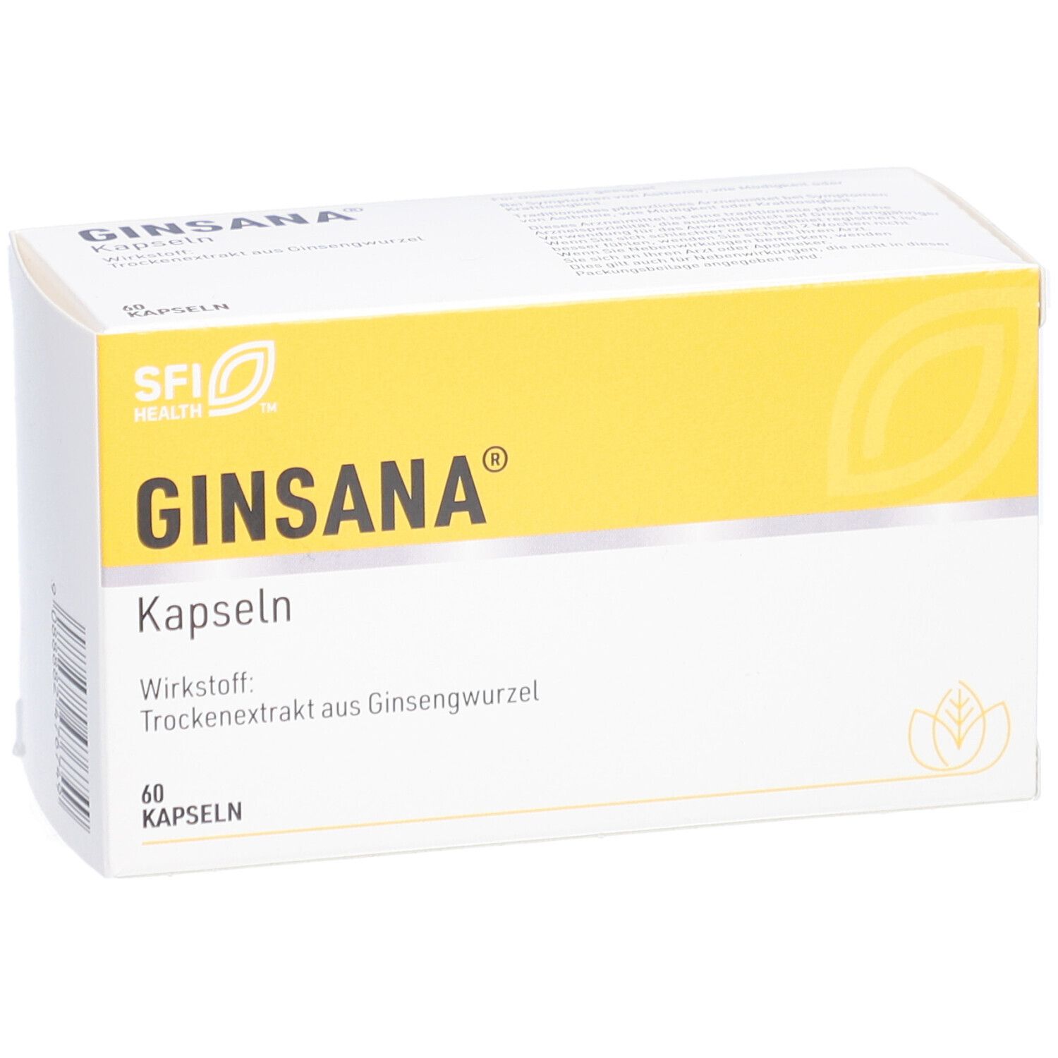Weiße Schachtel mit gelbem Feld. Aufschrift: GINSANA Kapseln. Wirkstoff: Trockenextrakt aus Ginsengwurzel. 60 Kapseln.