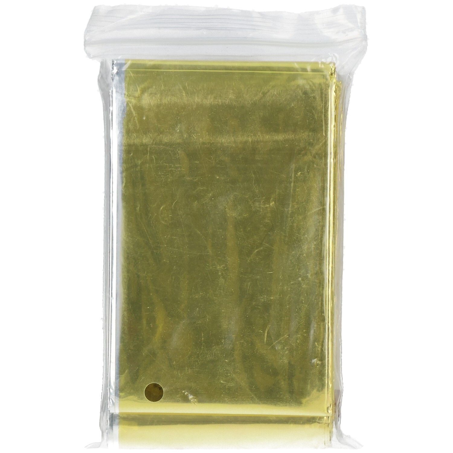 Eine gold-silberne Rettungsdecke, gefaltet und in einer durchsichtigen Plastikhülle verpackt.